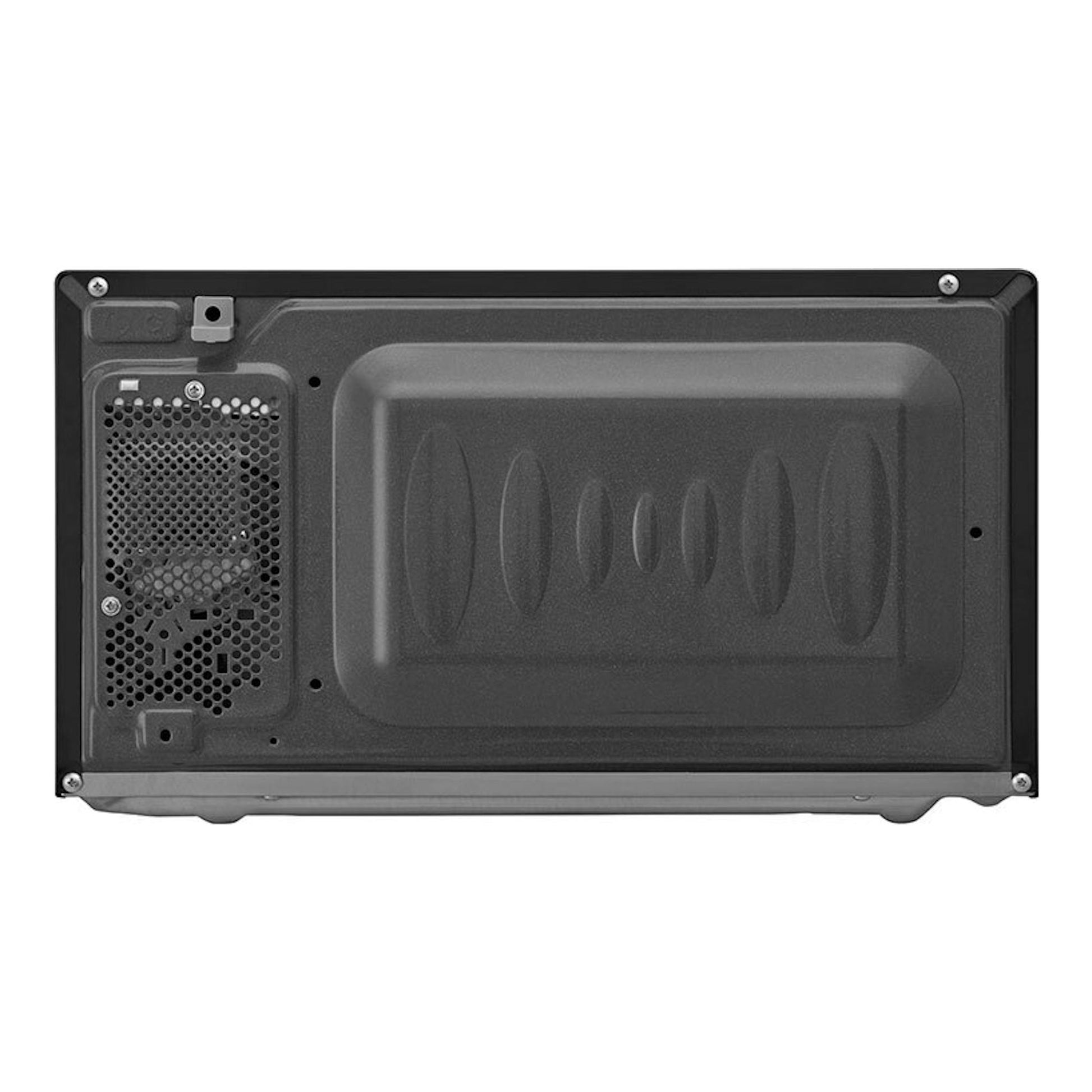 Microondas LG MH6042D, vista trasera en color negro y gris, con panel y rejilla de ventilación.