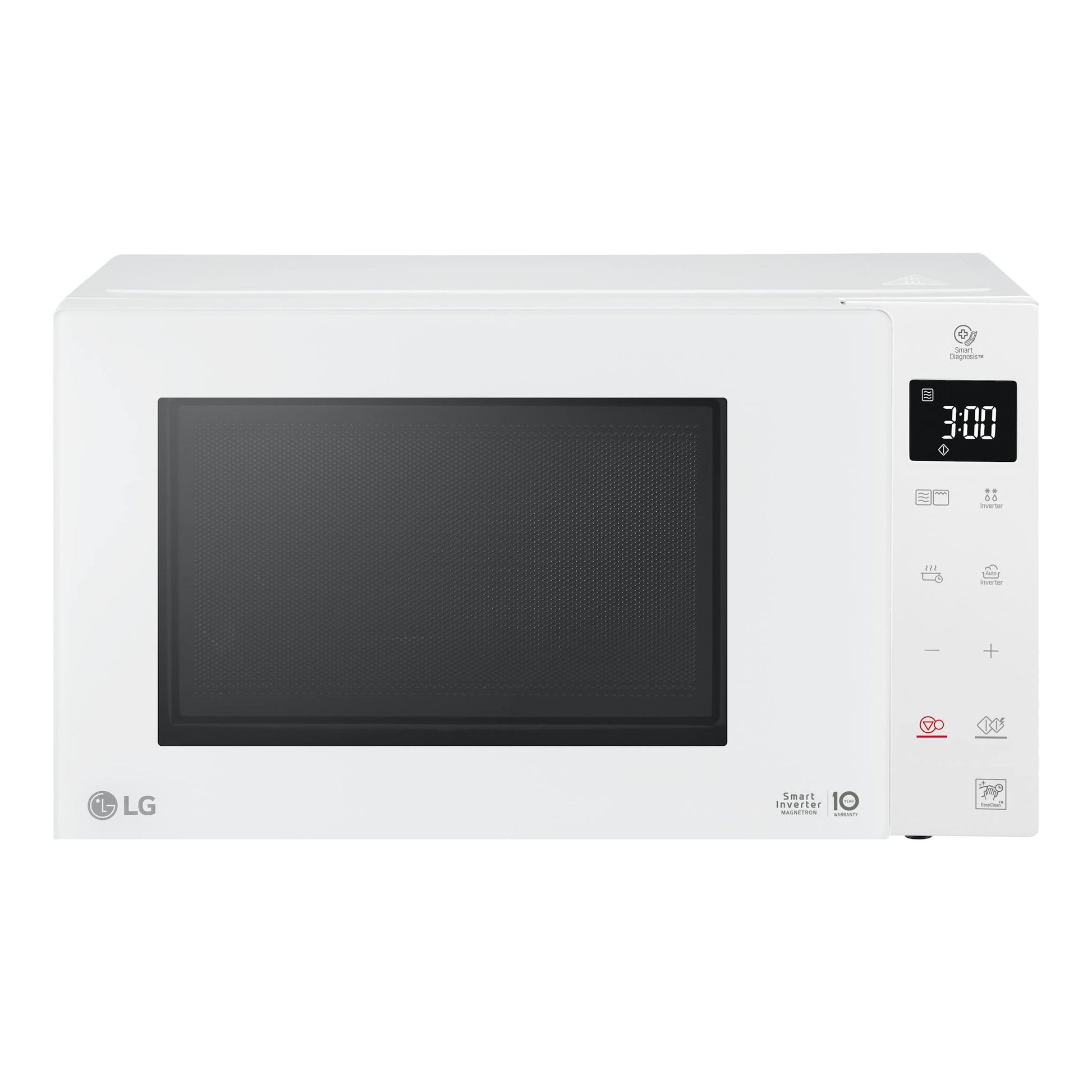 Microondas LG MH6336GIH blanco, vista frontal, con puerta negra y panel digital a la derecha.