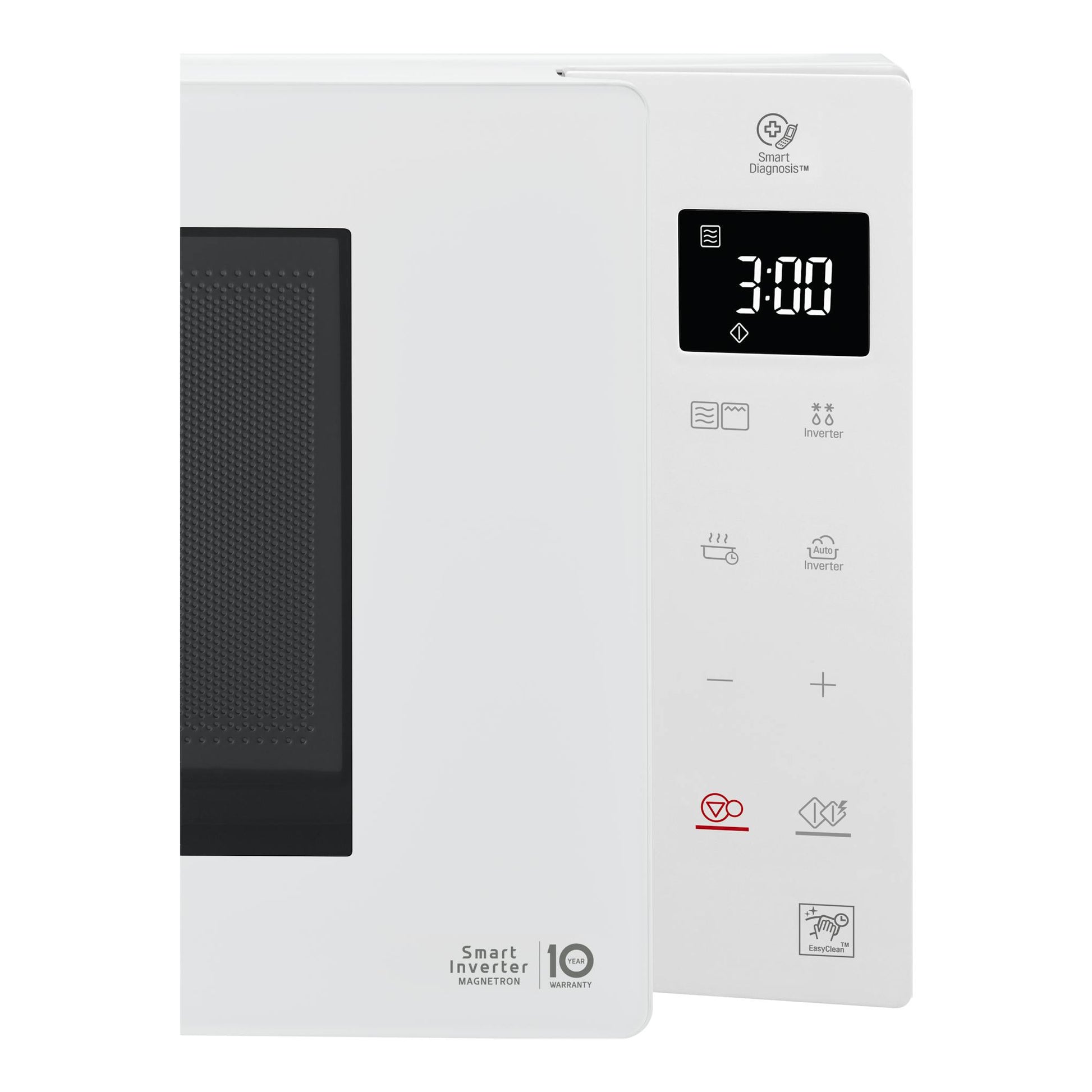 Microondas LG MH6336GIH blanco, vista frontal, puerta negra y panel digital negro con pantalla 3:00.