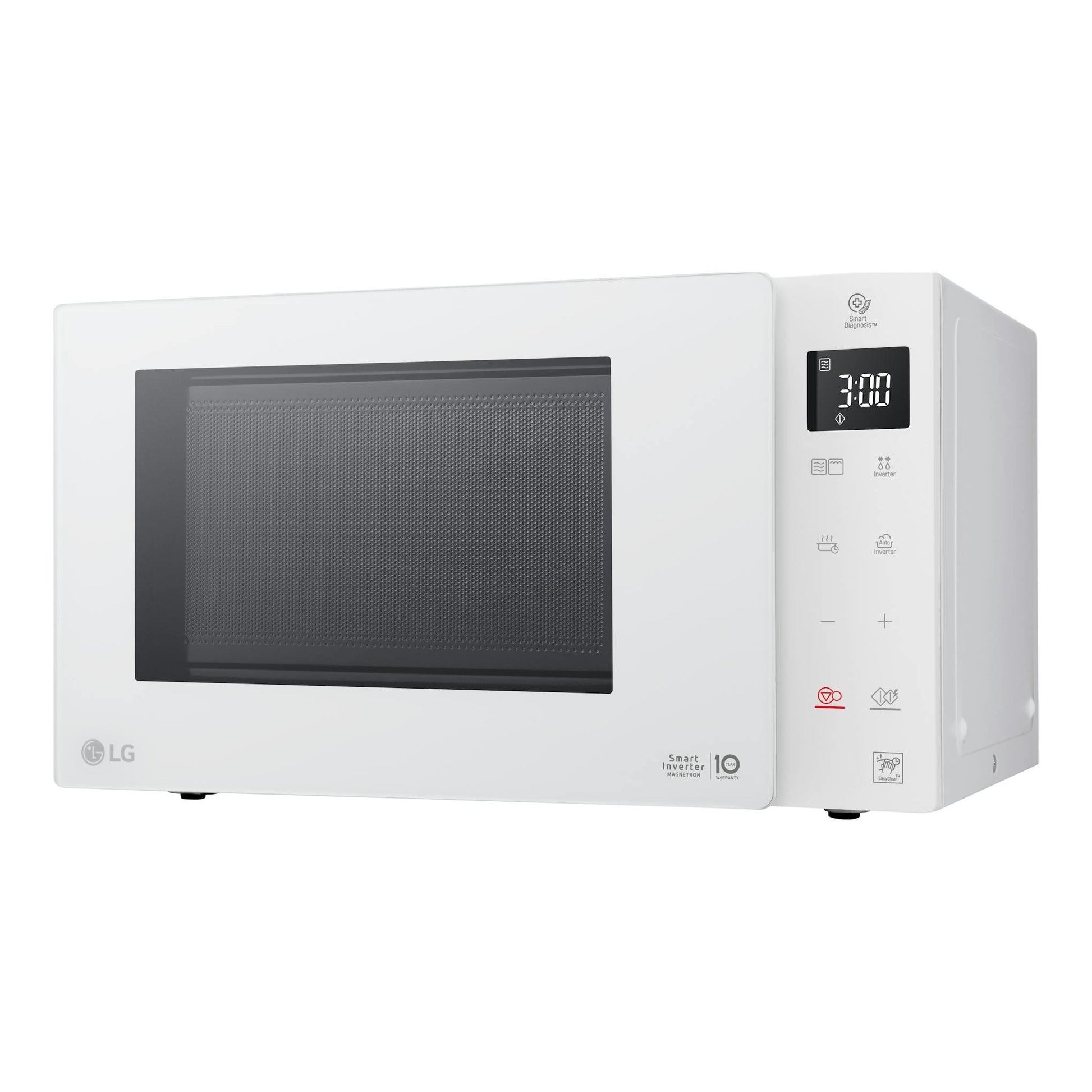 Microondas LG MH6336GIH blanco, vista frontal en ángulo, con puerta negra y panel digital lateral.