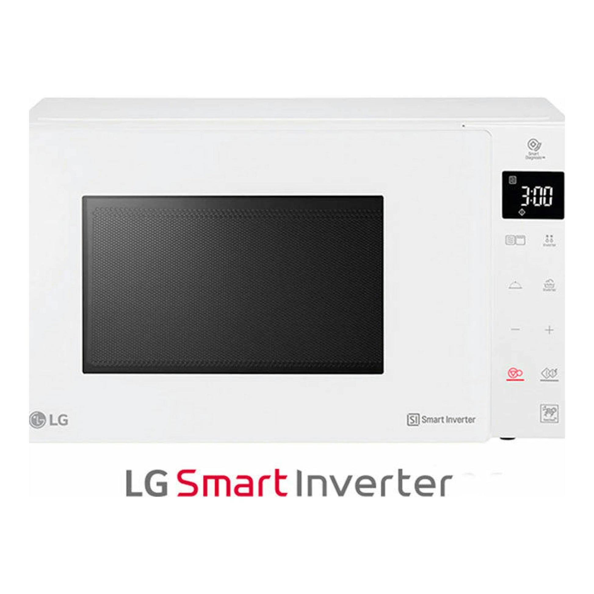 Microondas LG MH6535GDH blanco, vista frontal, con puerta negra y panel digital lateral derecho.