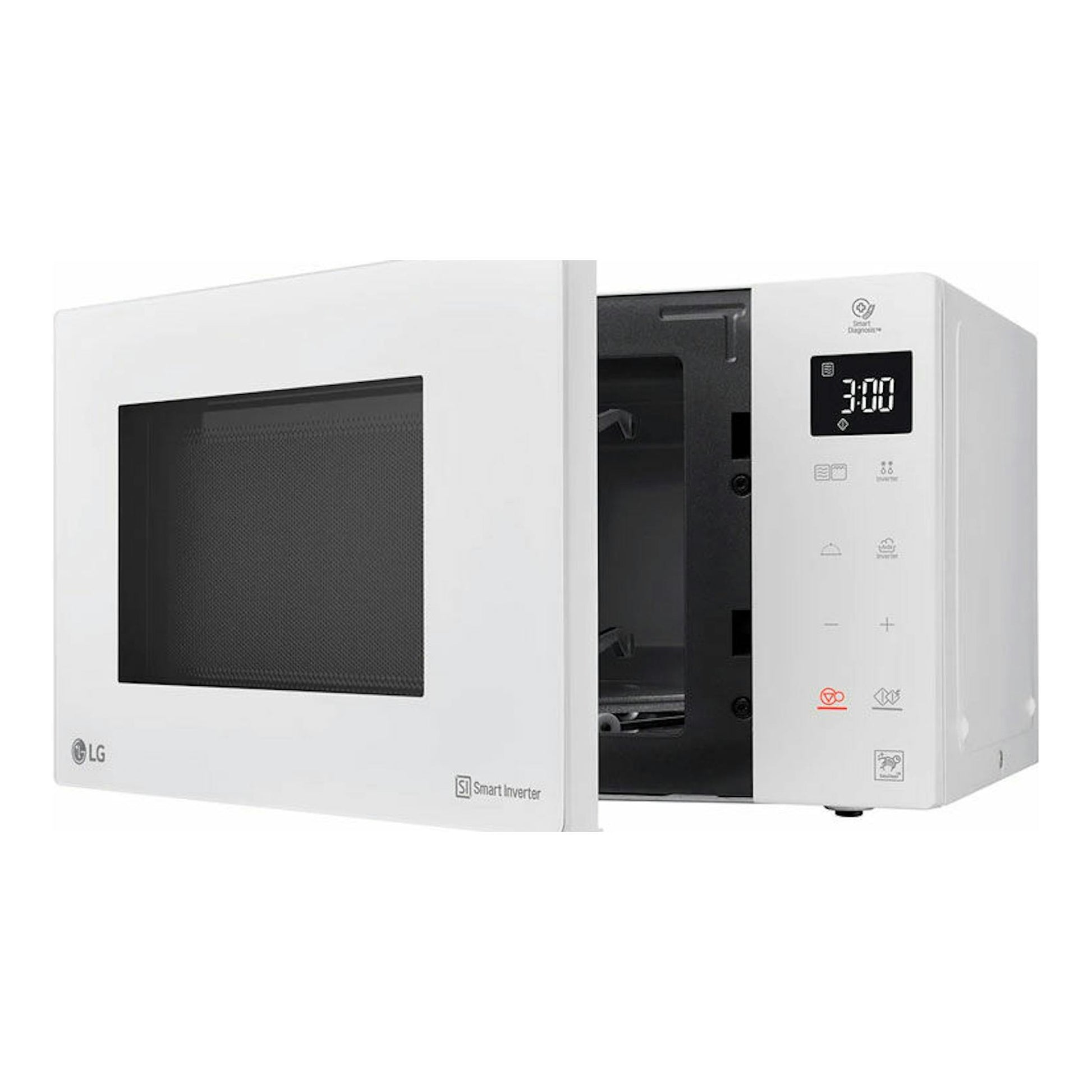 Microondas LG MH6535GDH blanco, vista frontal en tres cuartos, con puerta abierta y panel digital.