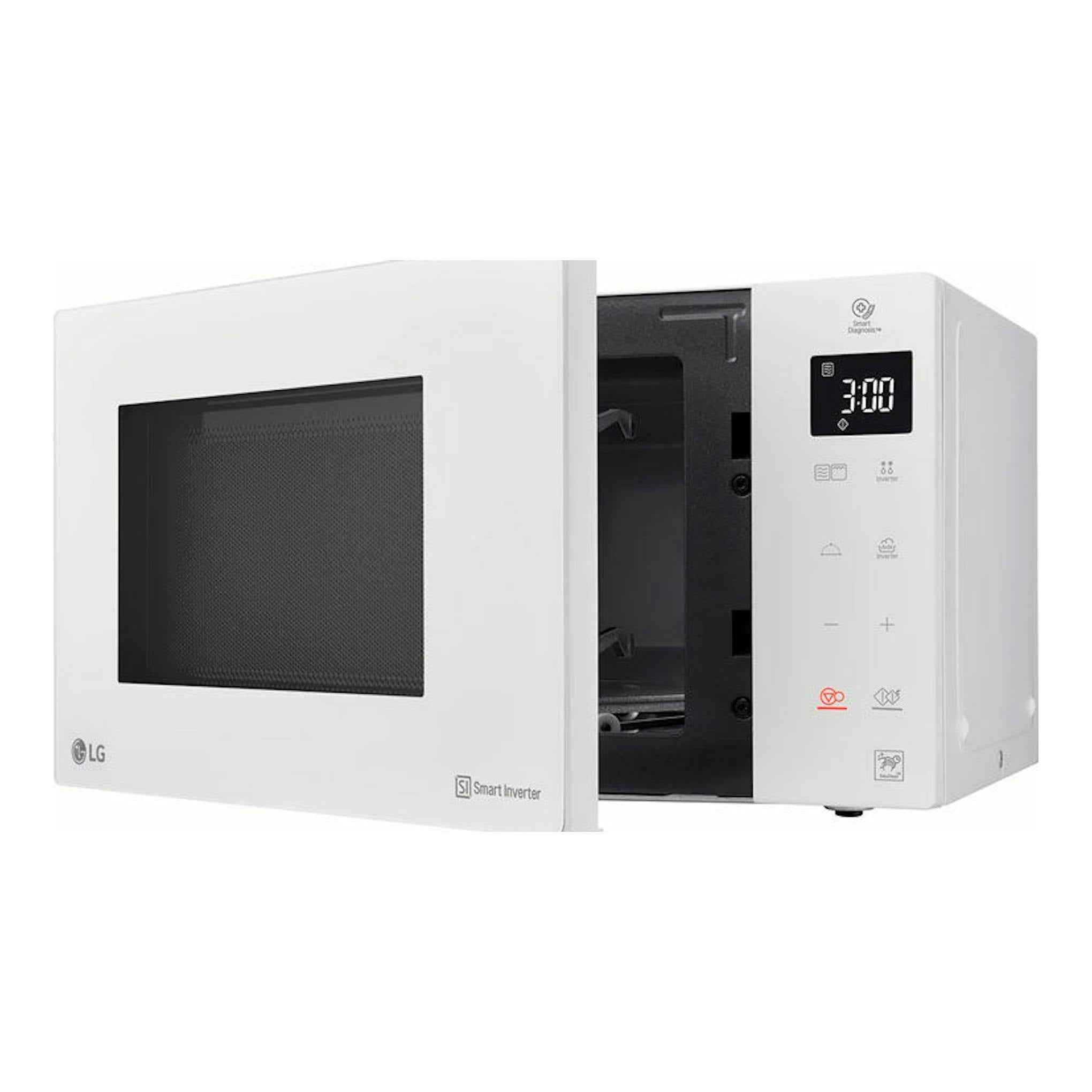 Microondas LG MH6535GDH blanco, vista frontal en tres cuartos, con puerta abierta y panel digital.