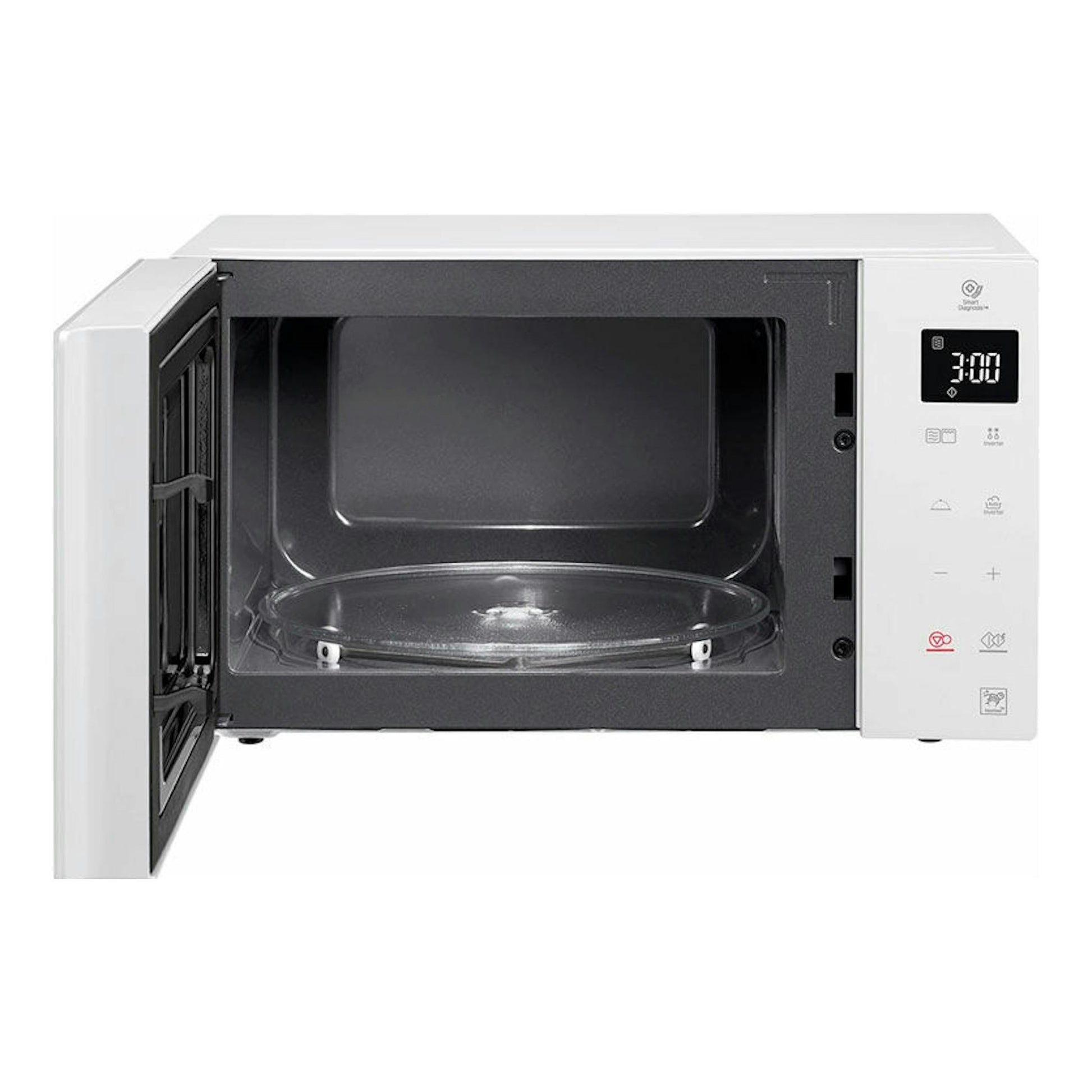 Microondas LG MH6535GDH blanco, vista frontal con la puerta abierta y panel digital a la derecha.