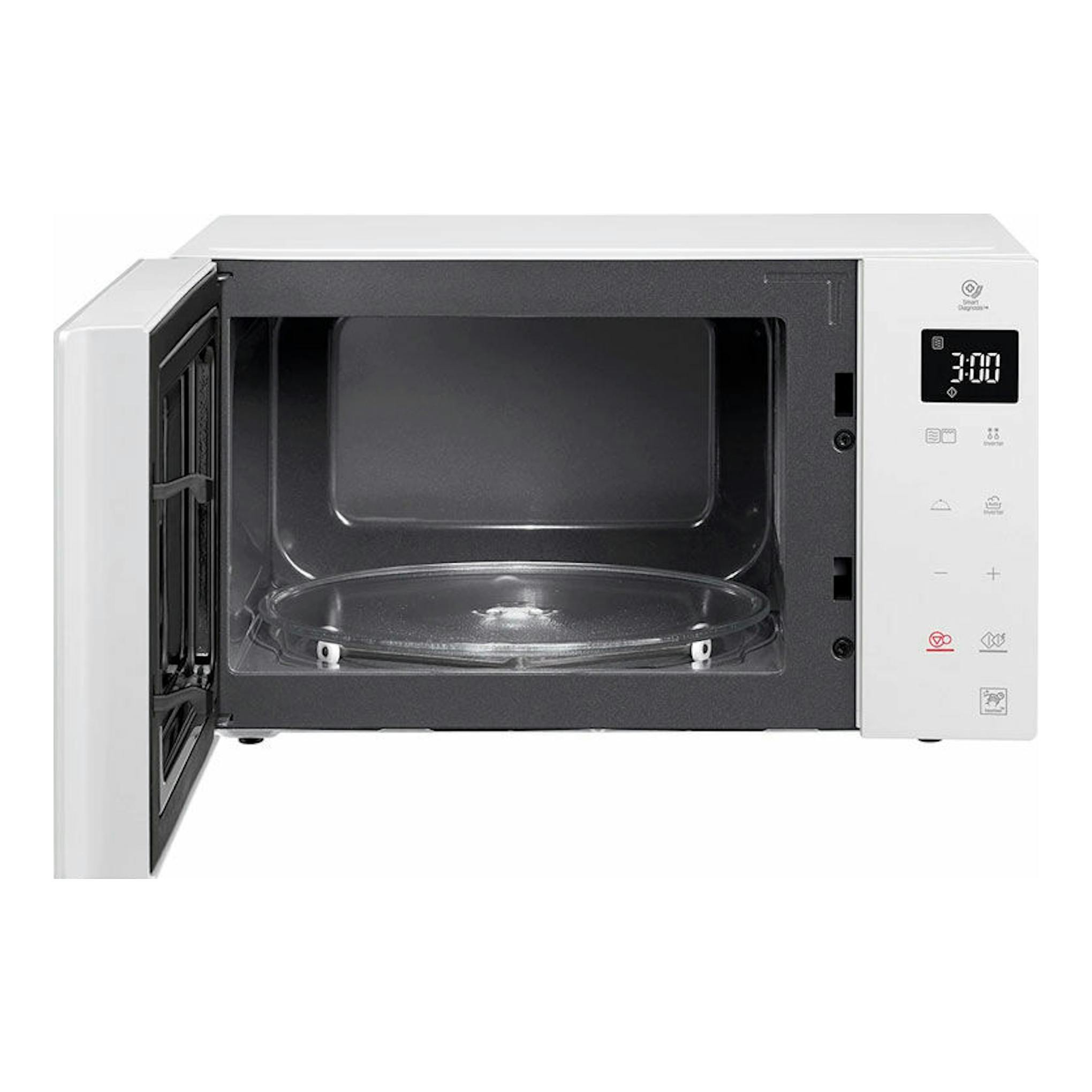 Microondas LG MH6535GDH blanco, vista frontal con la puerta abierta y panel digital a la derecha.