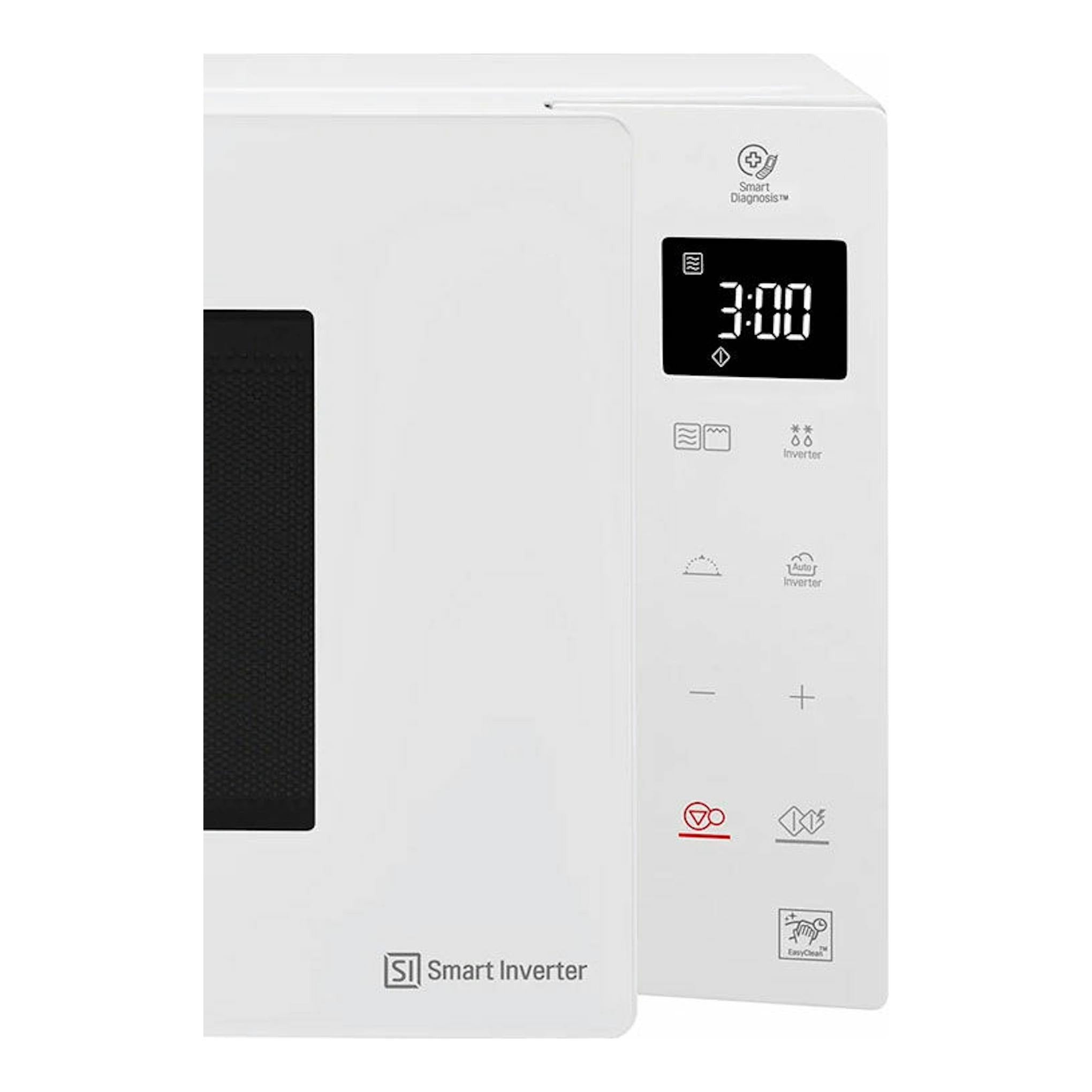 Microondas LG MH6535GDH blanco, vista frontal parcial con panel digital y puerta cerrada.