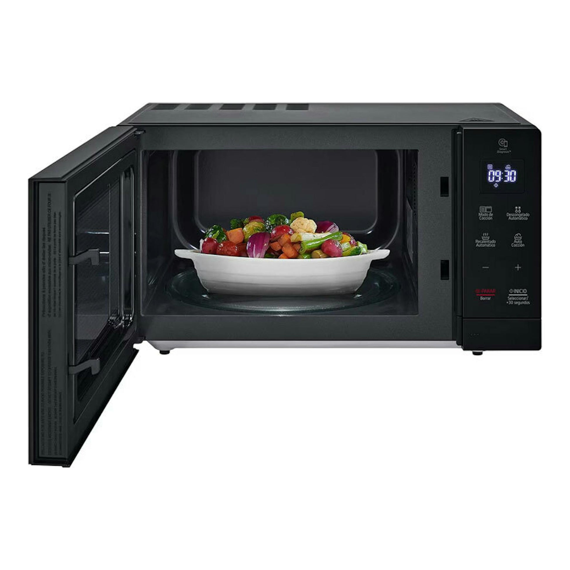 Microondas LG MH7032JAS negro, vista frontal con puerta abierta y plato de comida en el interior.