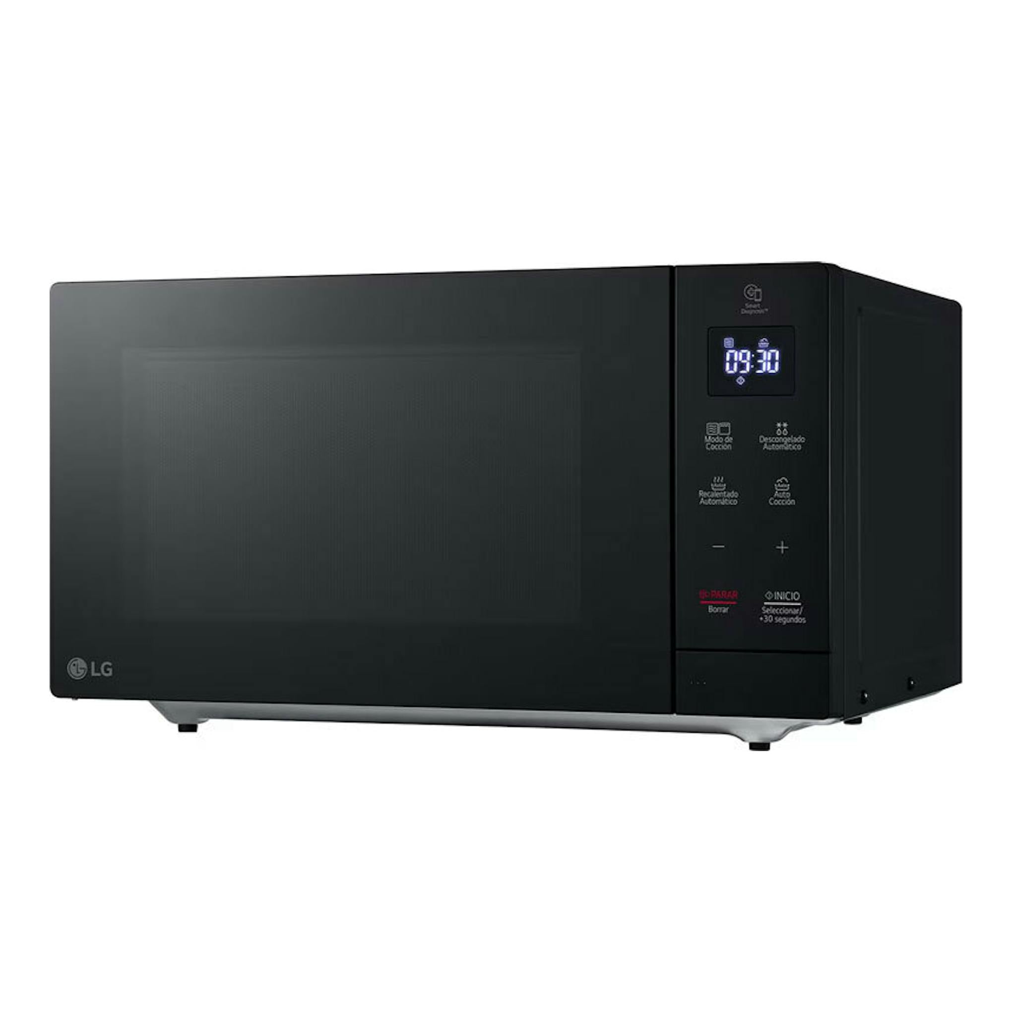 Microondas LG MH7032JAS negro, vista frontal en ángulo derecho, con panel digital iluminado.