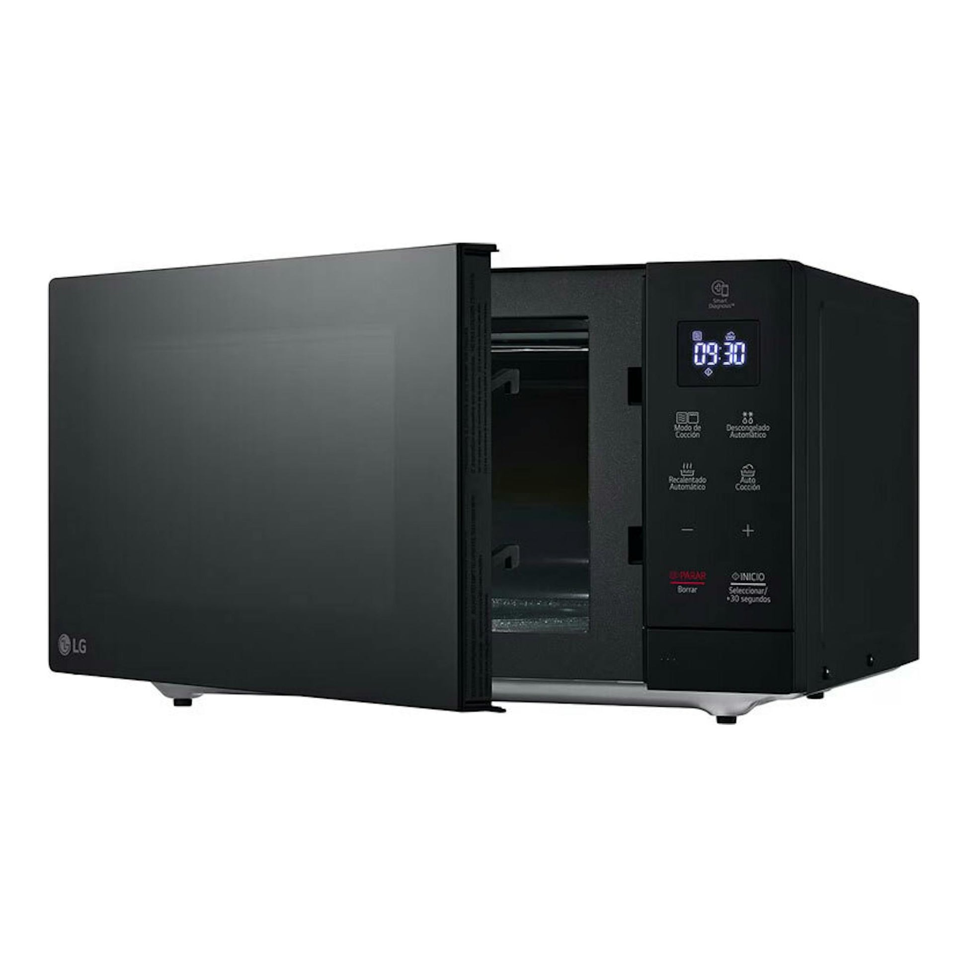 Microondas LG MH7032JAS negro, vista frontal derecha, con la puerta abierta y panel digital iluminado.