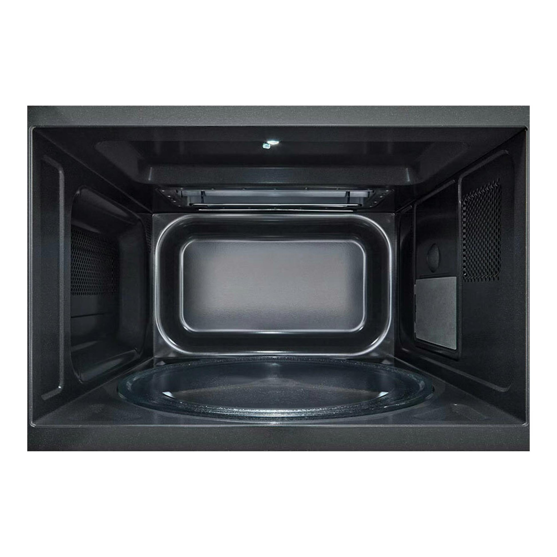 Interior de microondas LG MH7032JAS negro, vista frontal abierta con plato giratorio.