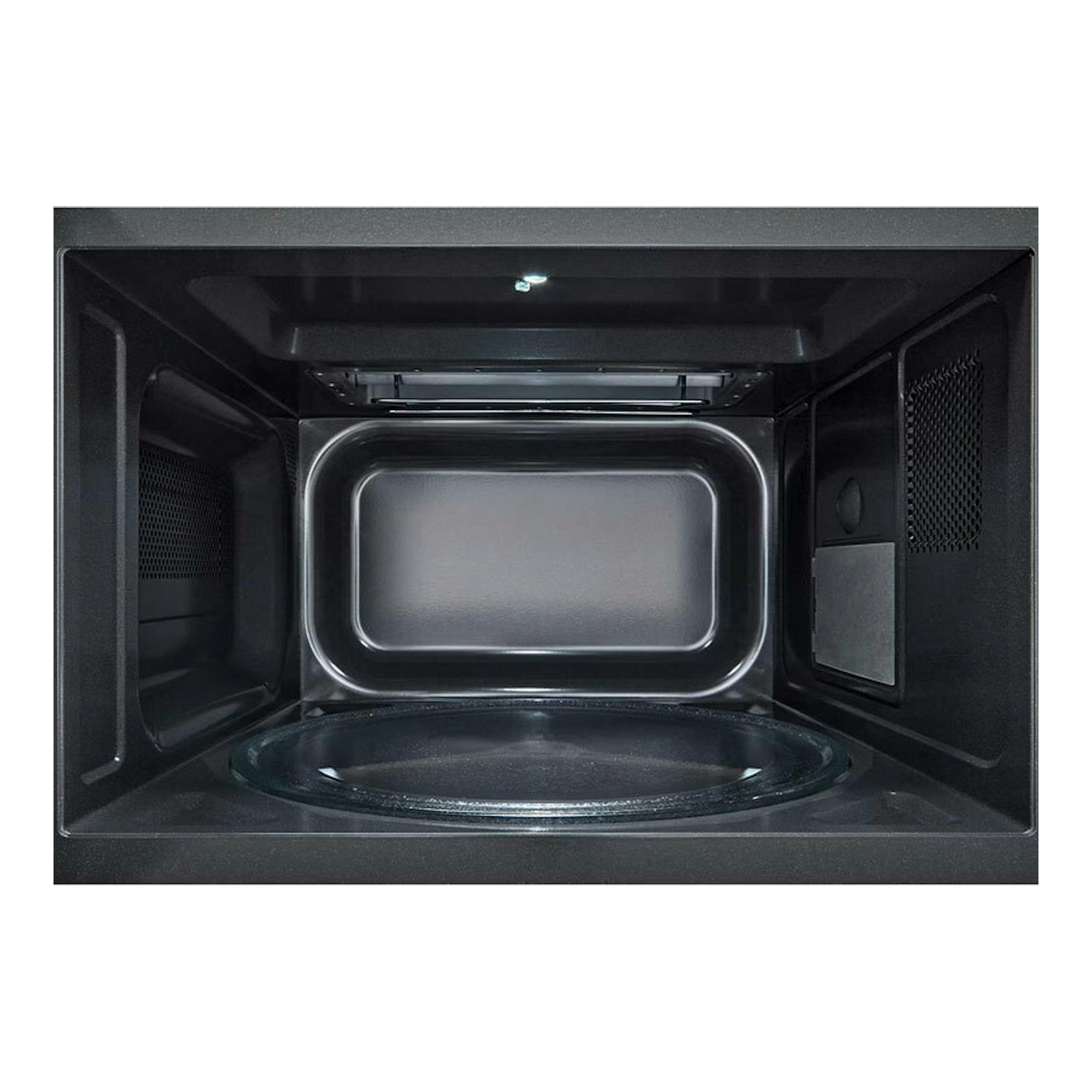 Interior de microondas LG MH7032JAS negro, vista frontal abierta con plato giratorio.