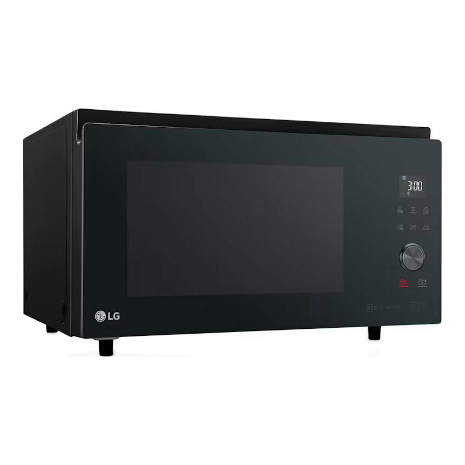 Microondas LG MJ3965BPS negro, vista frontal en ángulo, con puerta de vidrio y panel digital.