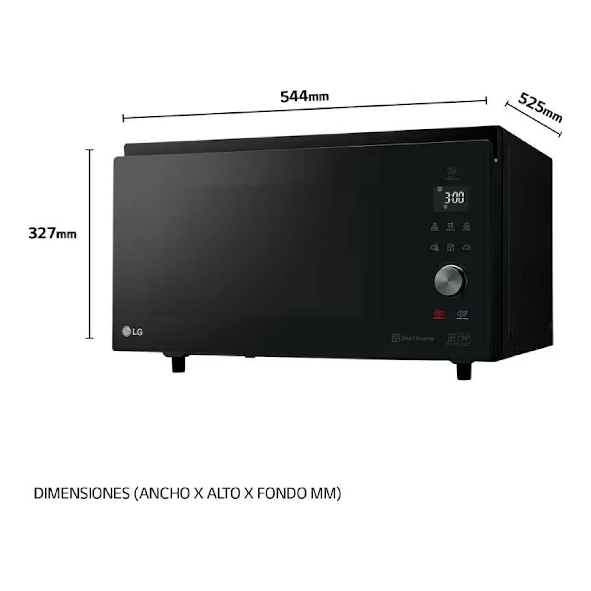 Microondas LG MJ3965BPS negro, vista frontal en ángulo, con panel digital y perilla, 544 x 327 x 525 mm