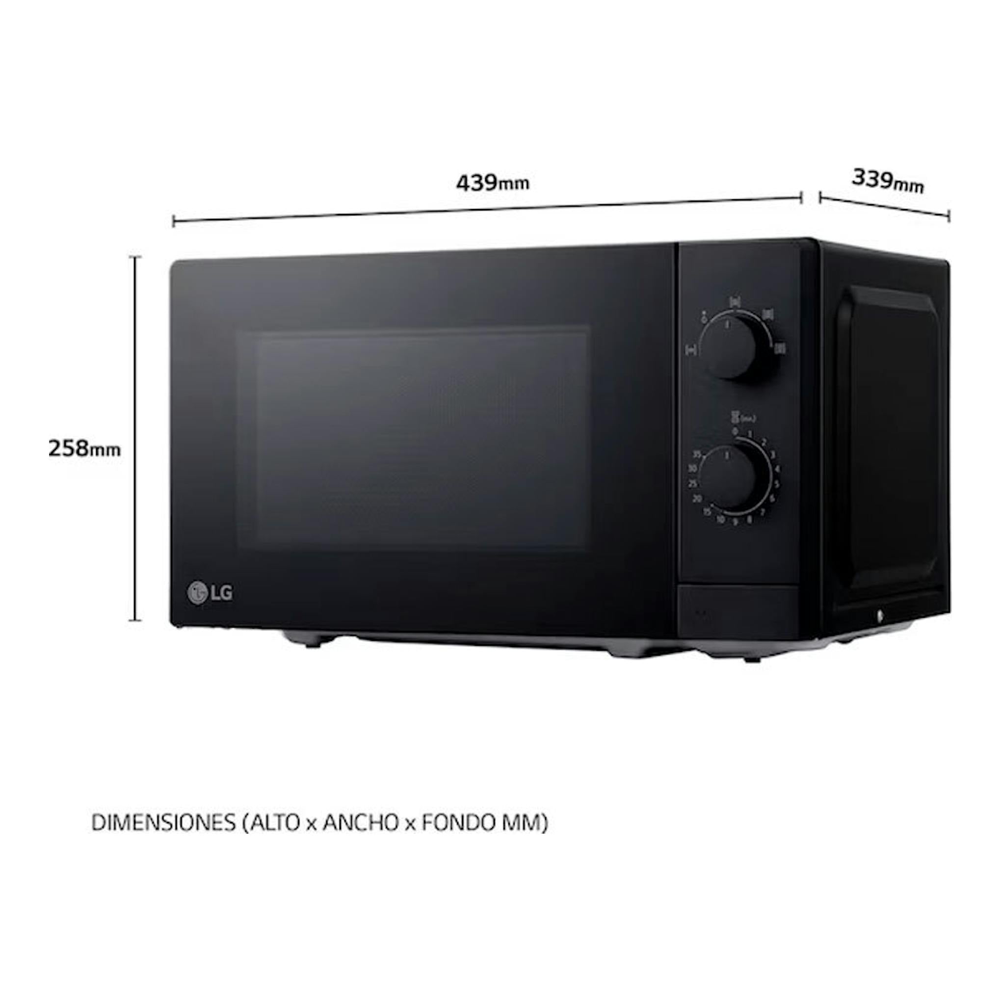 Microondas LG MS2082F negro, vista frontal derecha, con mandos giratorios y dimensiones indicadas.