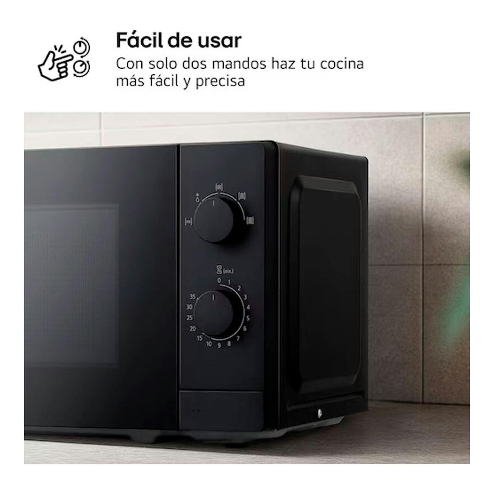 Microondas LG MS2082F negro, vista frontal en ángulo, con dos mandos giratorios.