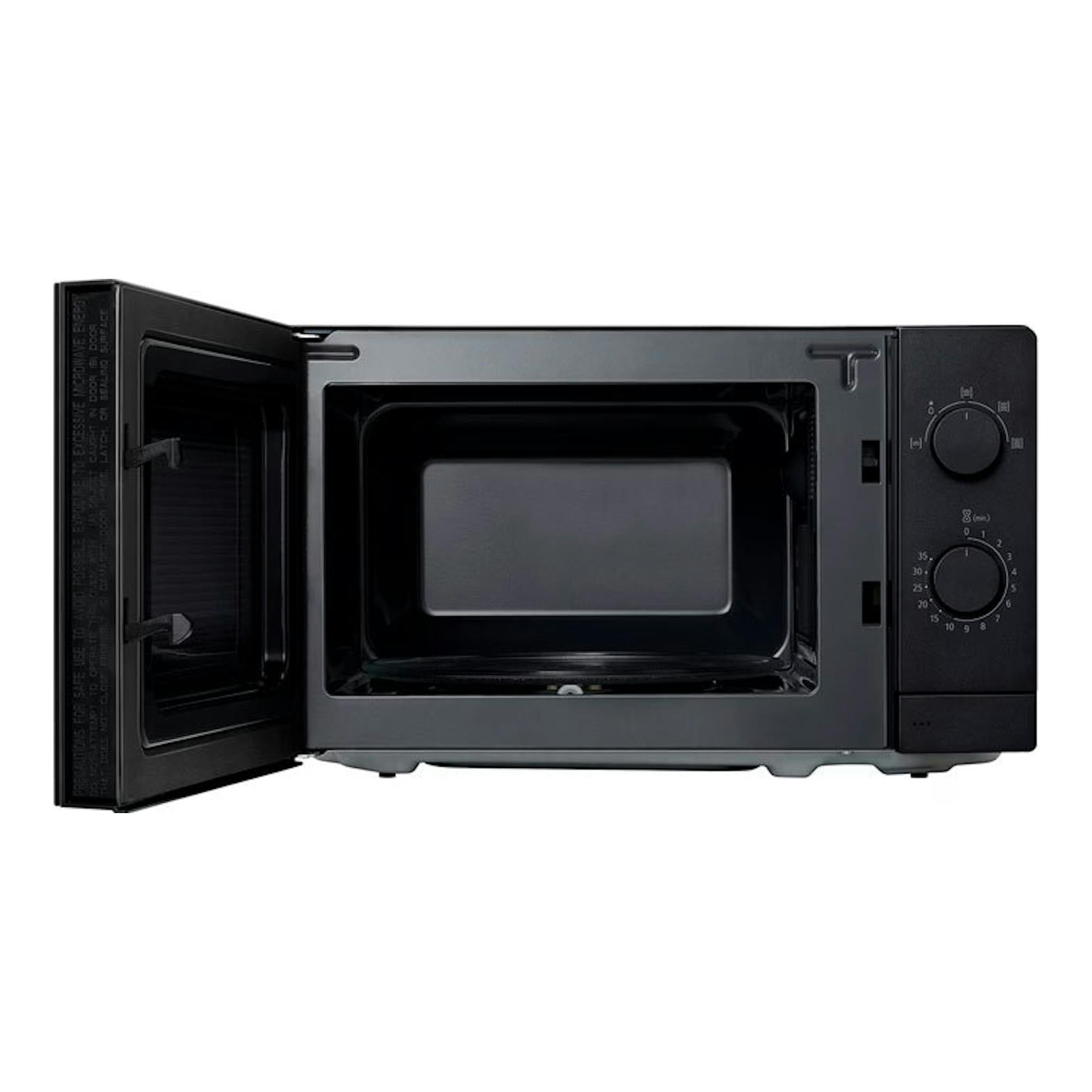 Microondas LG MS2082F negro, vista frontal con la puerta abierta y dos mandos giratorios a la derecha.