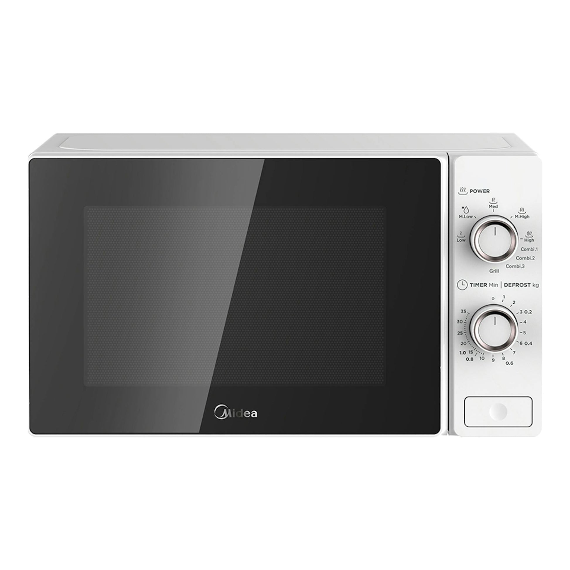 Microondas Midea MCM208GMSP negro y blanco, vista frontal, con dos mandos y puerta de vidrio oscura.