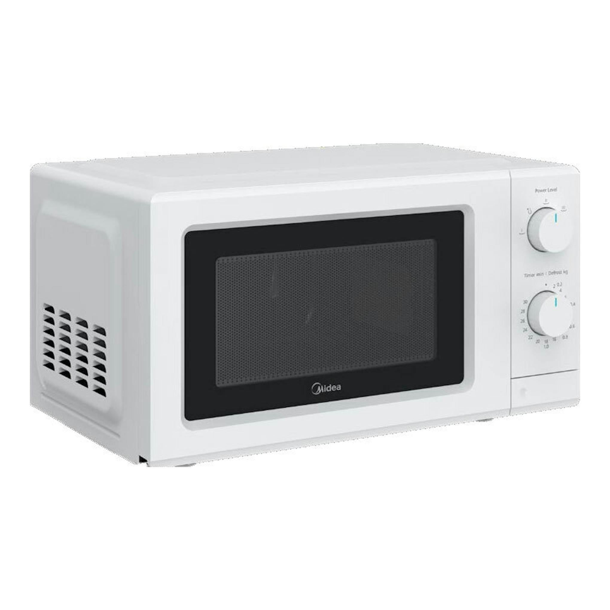Microondas Midea MDMP012MKWH blanco, vista frontal en ángulo, con puerta negra y dos perillas laterales.