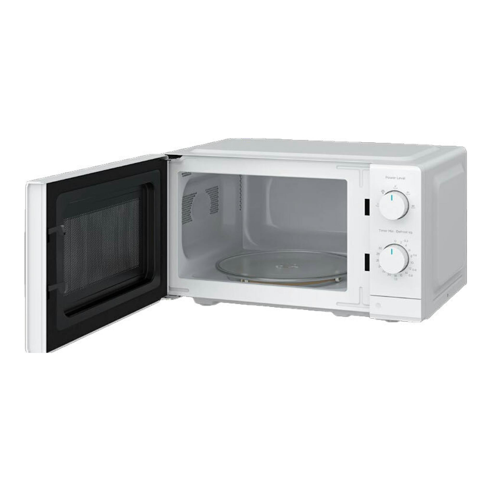 Microondas Midea MDMP012MKWH blanco, vista frontal en ángulo, con puerta abierta y panel de perillas.