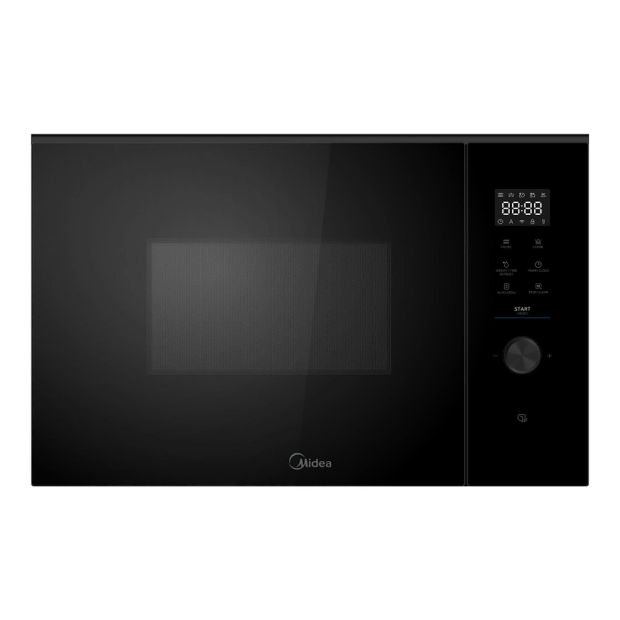 Microondas empotrable Midea MEG38KBL negro, vista frontal, con panel táctil y display digital.