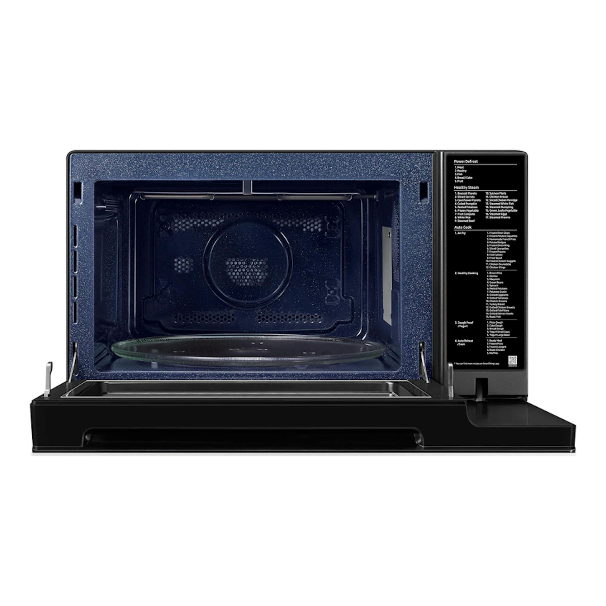 Microondas Samsung MC32DB7746KEE1 abierto, vista frontal, interior azul oscuro y plato giratorio.
