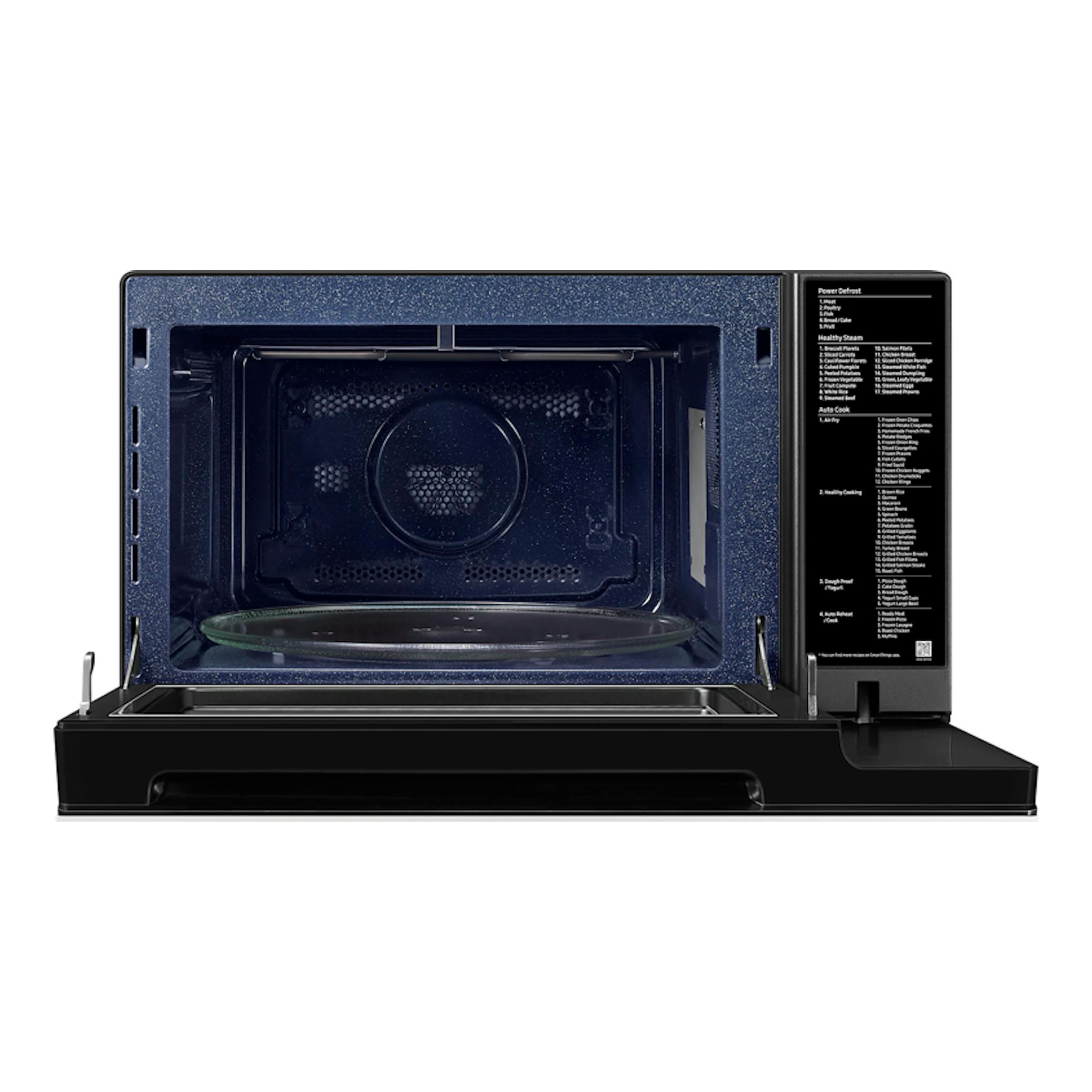 Microondas Samsung MC32DB7746KEE1 abierto, vista frontal, interior azul oscuro y plato giratorio.