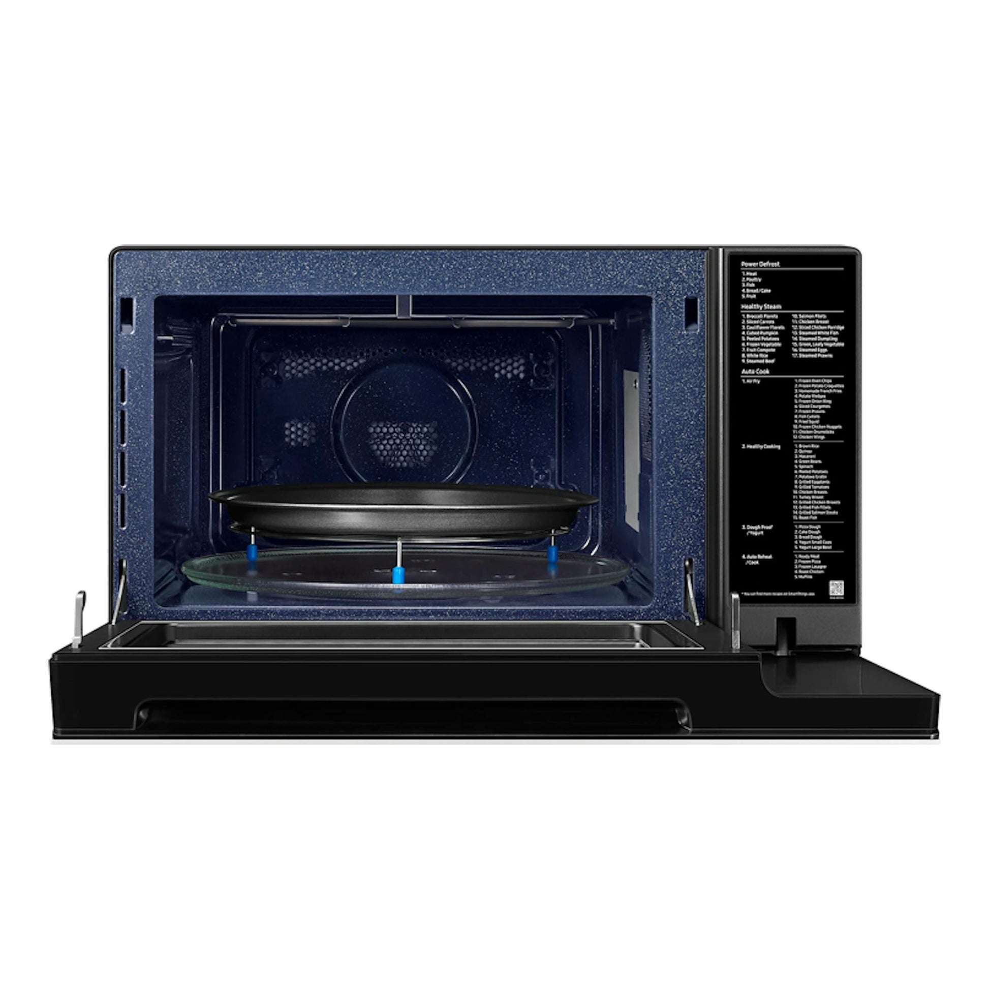 Microondas Samsung MC32DB7746KEE1 negro, vista frontal con puerta abatible abierta e interior azul.