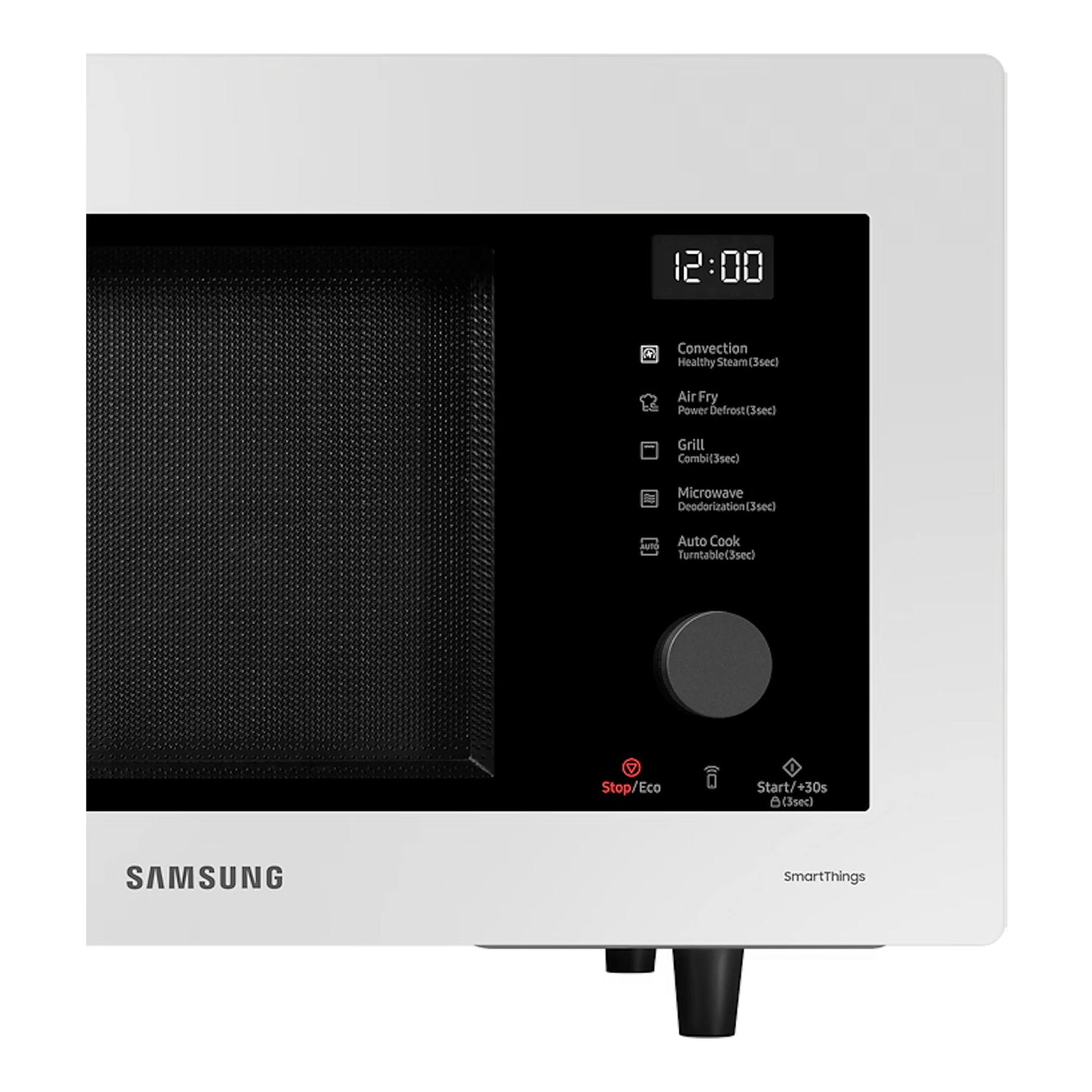 Microondas Samsung MC32DB7746KEE1 blanco, vista frontal, con panel negro, display digital y mando giratorio.