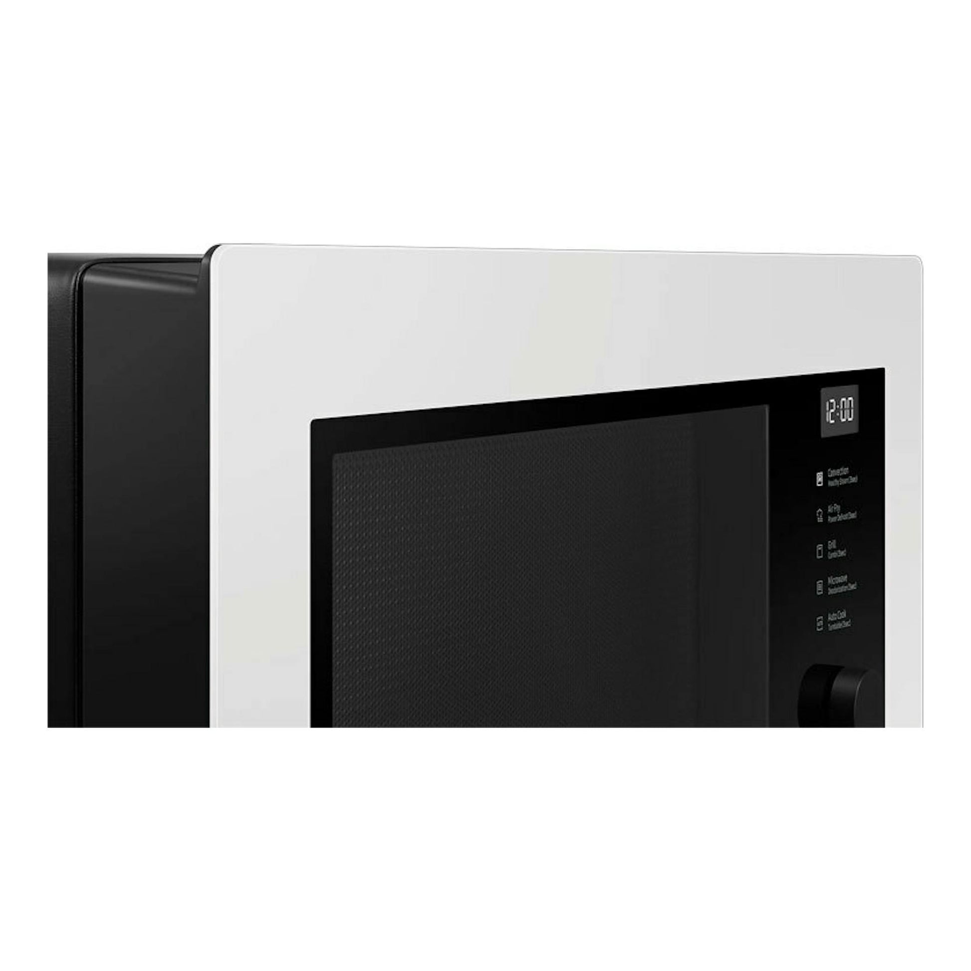 Microondas Samsung MC32DB7746KEE1, vista frontal parcial, blanco con lateral negro.
