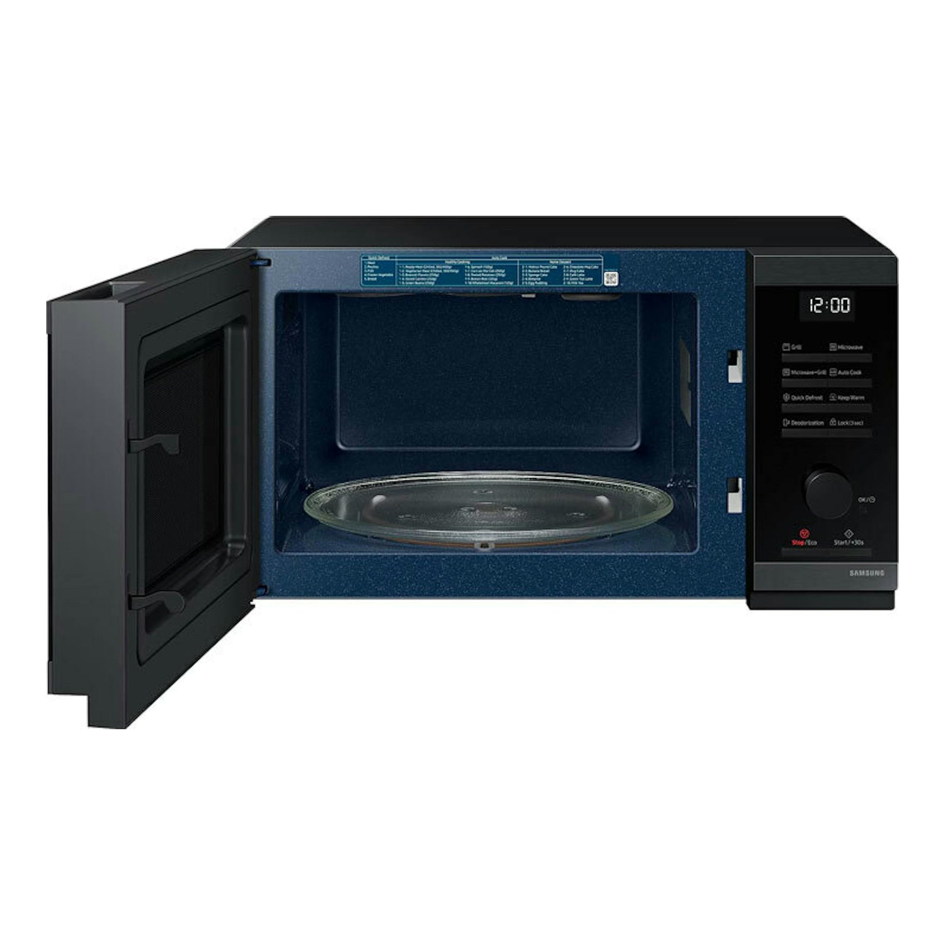 Microondas Samsung MG23DG4524AGE1 negro, vista frontal con puerta abierta, interior azul y panel de control derecho.