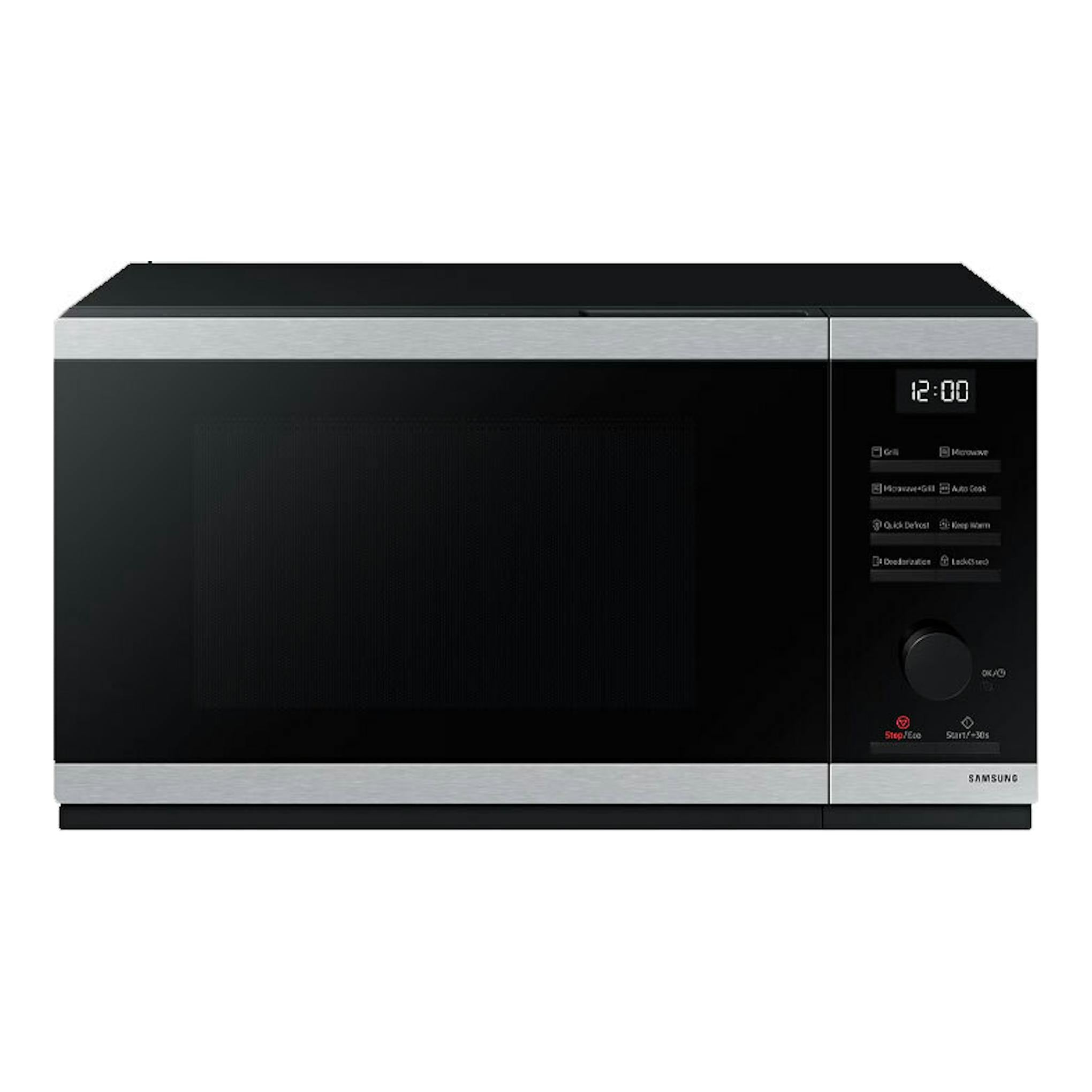 Microondas Samsung MG23DG4524ATE1 negro, vista frontal, con panel digital y detalles plateados.