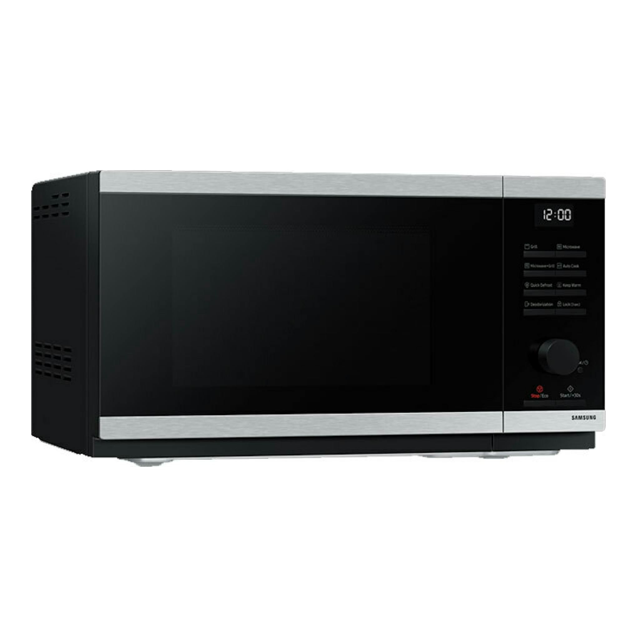 Microondas Samsung MG23DG4524ATE1 negro, vista frontal con panel digital y bordes plateados.