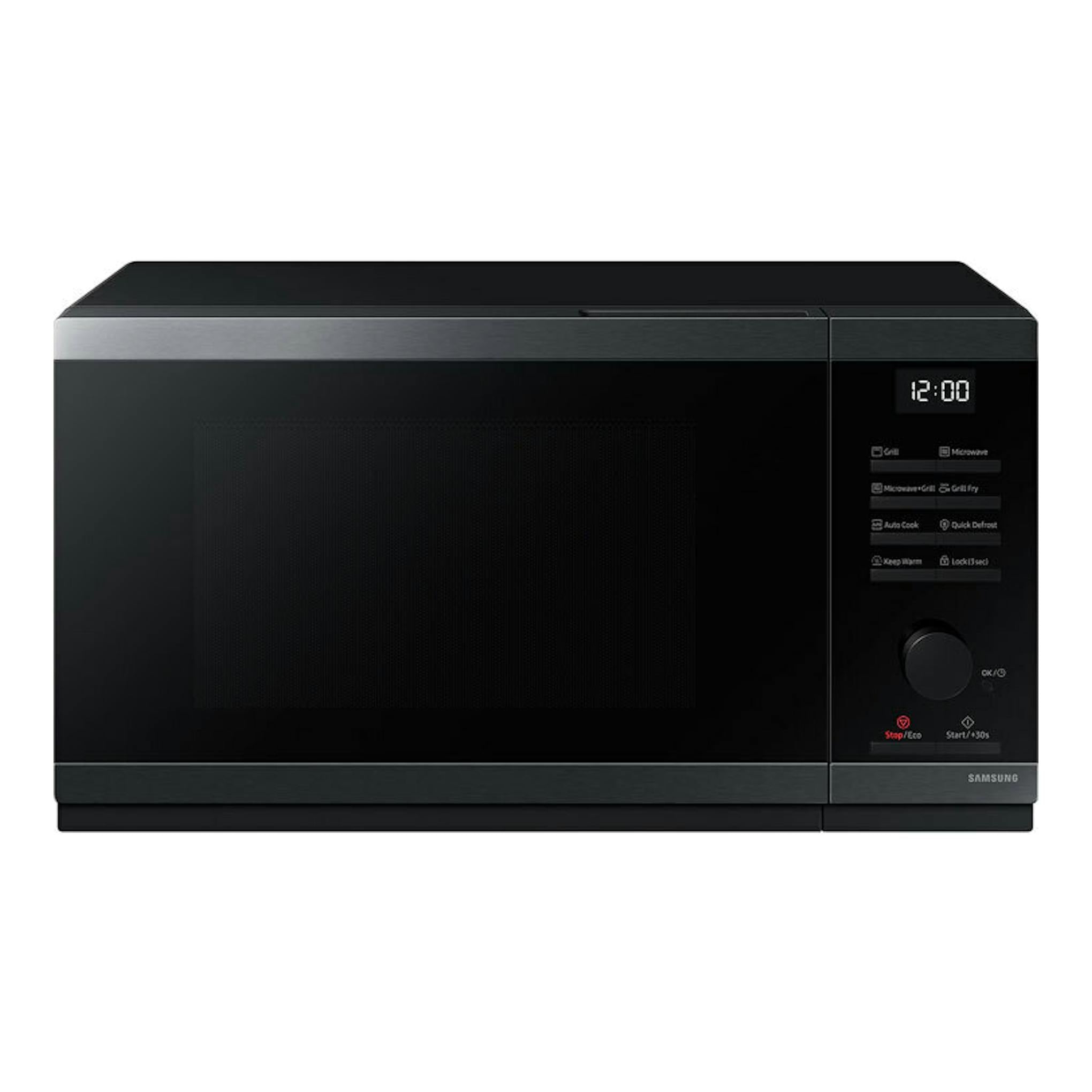 Microondas Samsung MG23DG4524CGE1 negro, vista frontal, con panel digital a la derecha.