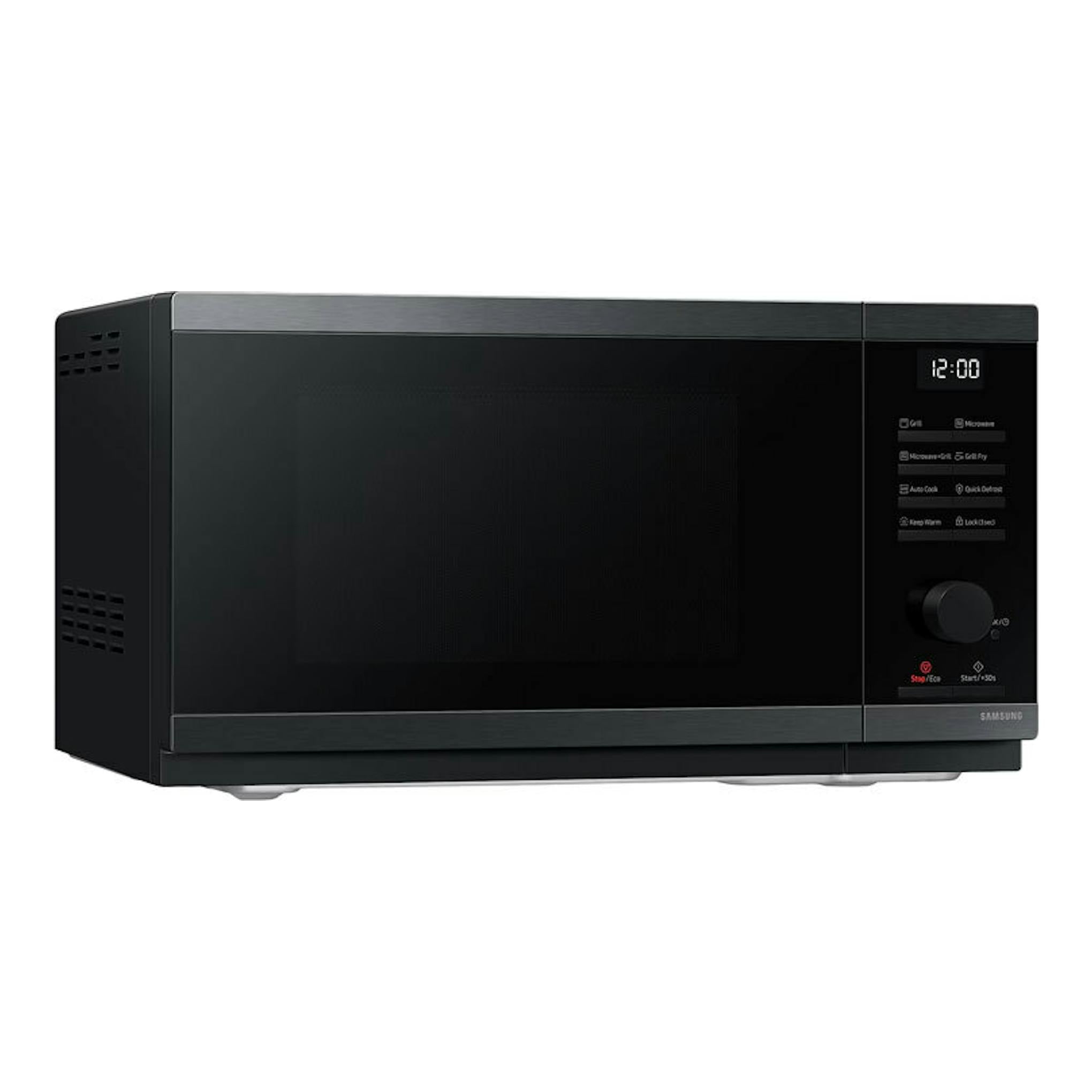 Microondas Samsung MG23DG4524CGE1 negro, vista frontal con panel digital y puerta oscura.