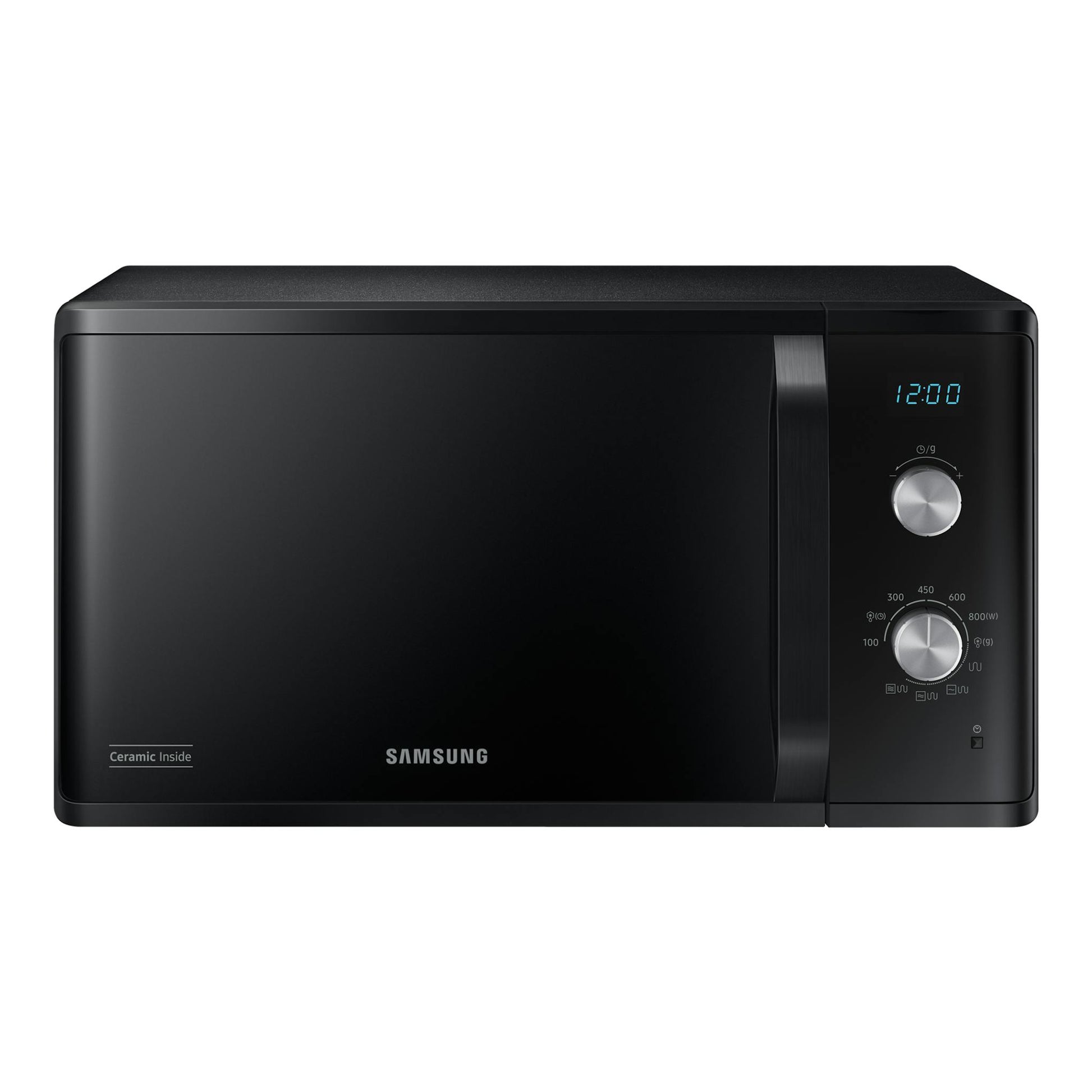 Microondas Samsung MG23K3614AK/E1 negro, vista frontal, con dos mandos y display digital.