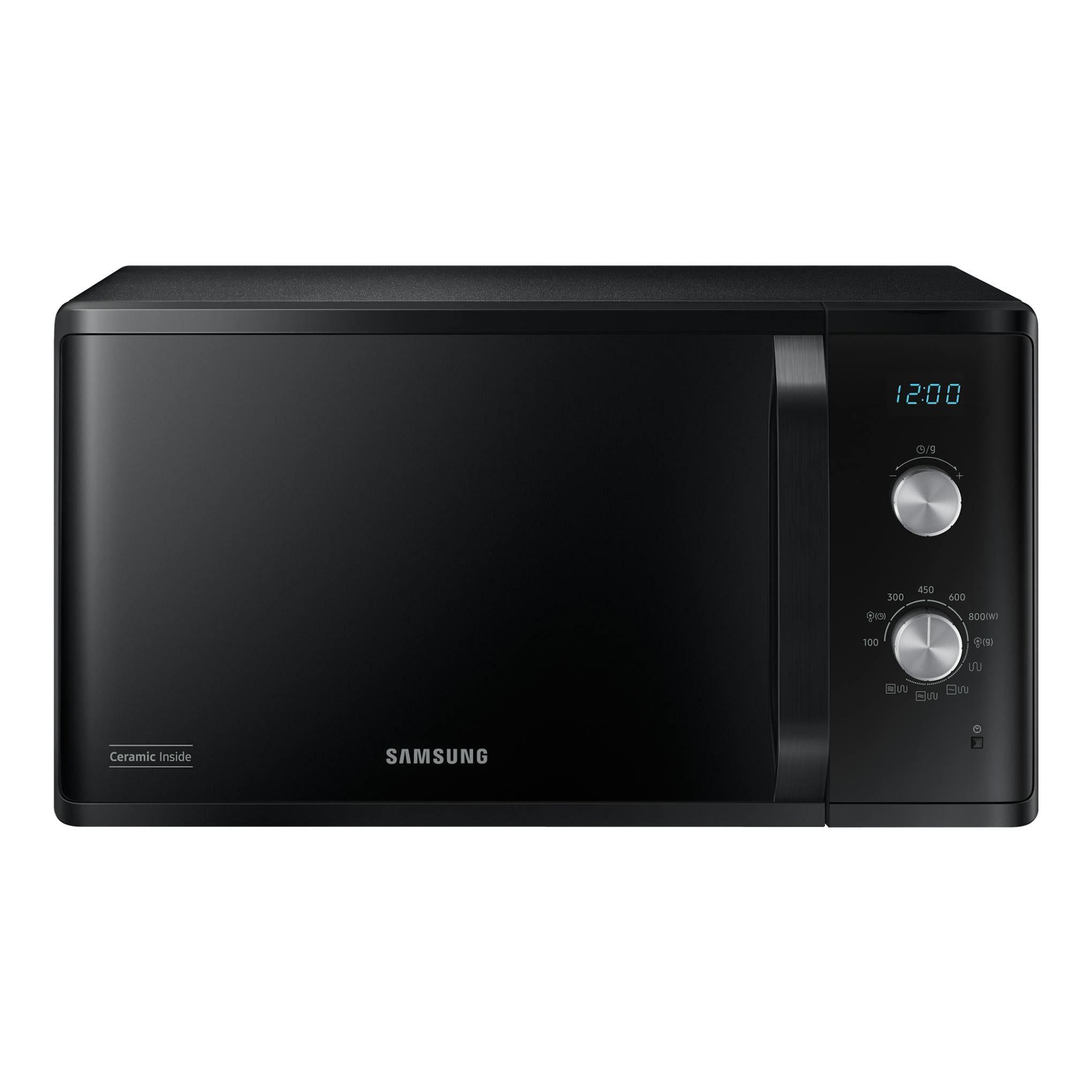 Microondas Samsung MG23K3614AK/E1 negro, vista frontal, con dos mandos y display digital.