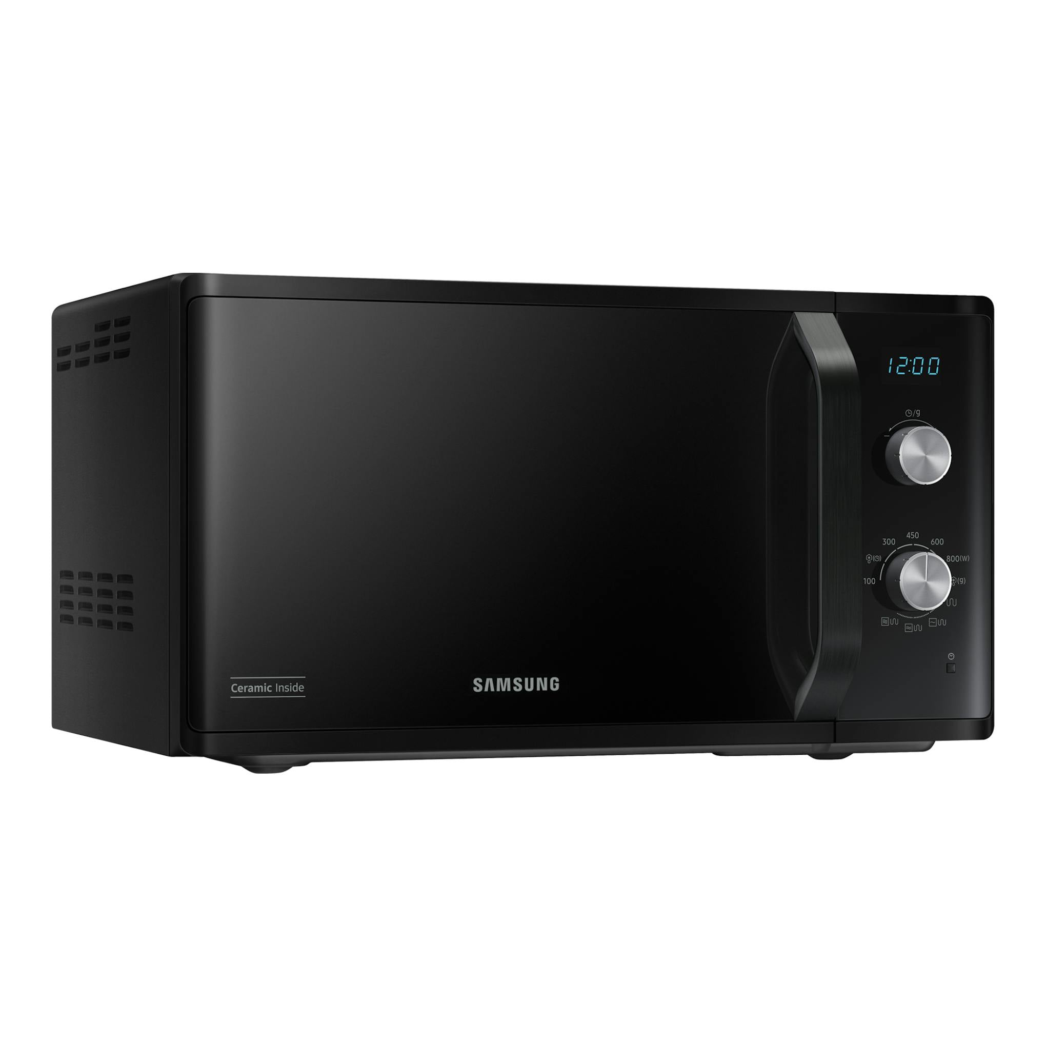 Microondas Samsung MG23K3614AK/E1 negro, vista frontal, con dos mandos y pantalla digital azul.