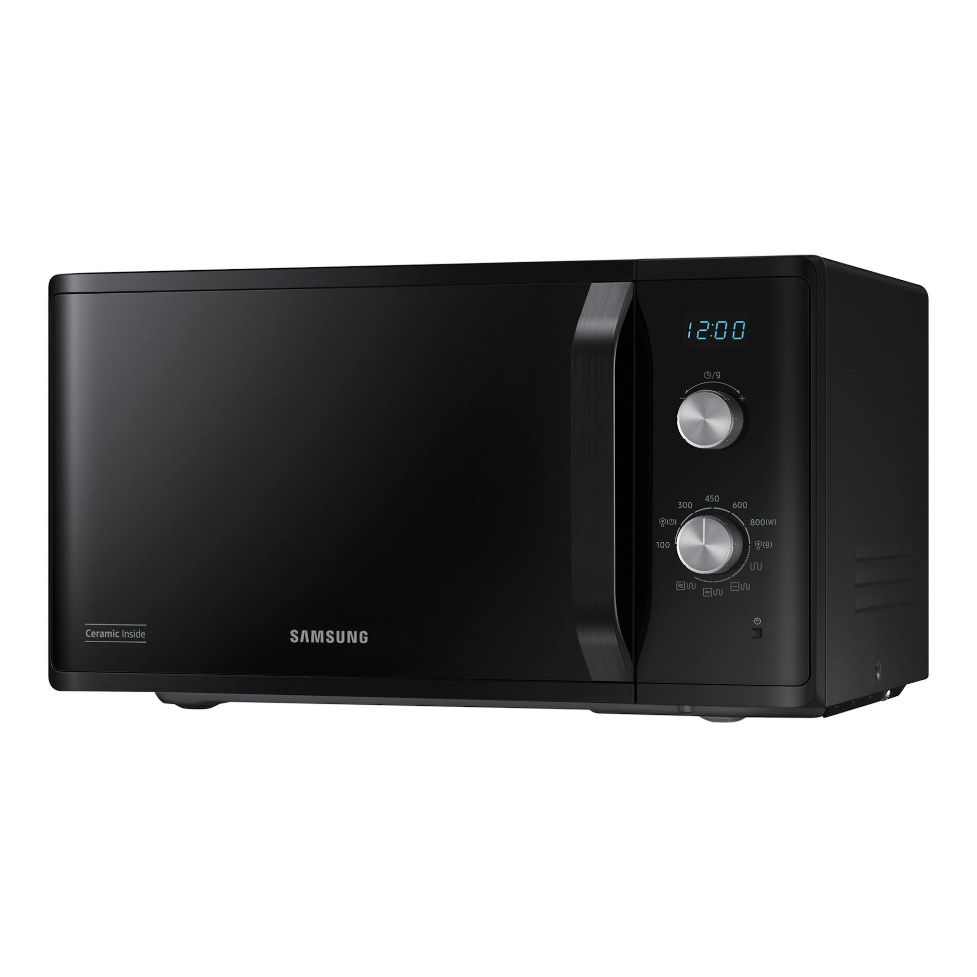 Microondas Samsung MG23K3614AK/E1 negro, vista frontal en ángulo, con panel digital y dos mandos.