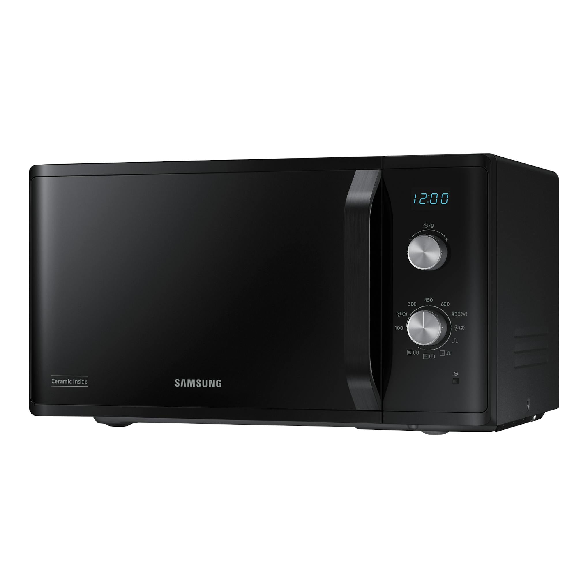 Microondas Samsung MG23K3614AK/E1 negro, vista frontal en ángulo, con panel digital y dos mandos.