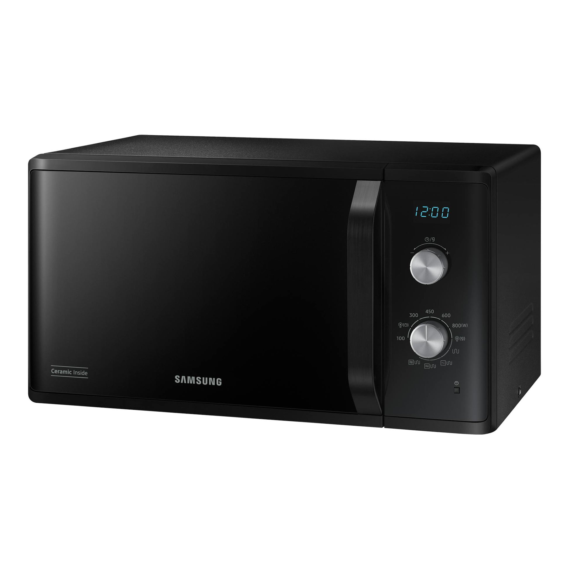 Microondas Samsung MG23K3614AK/E1 negro, vista frontal en ángulo, con panel digital y dos mandos.