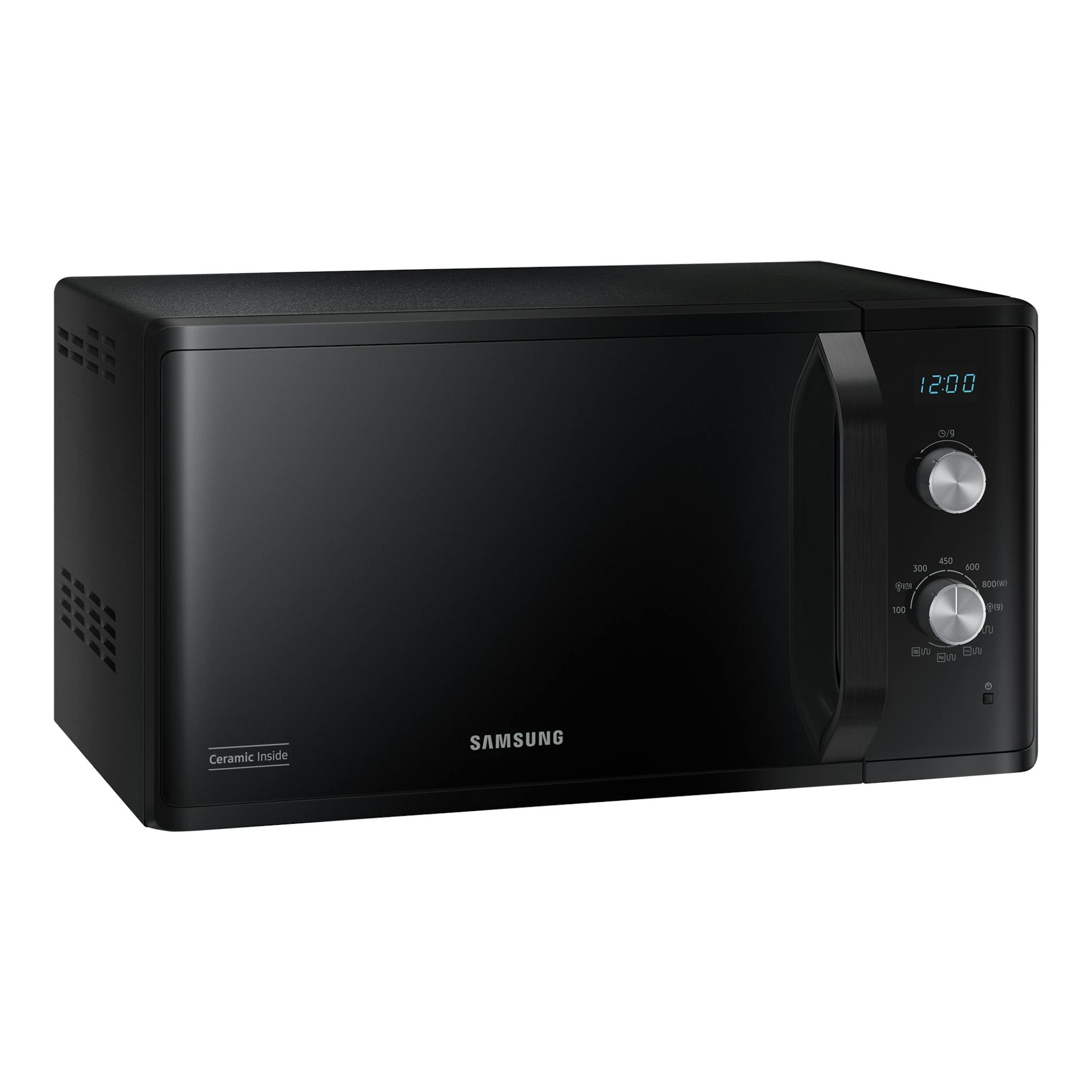 Microondas Samsung MG23K3614AK/E1 negro, vista frontal derecha, con dos mandos y display digital.