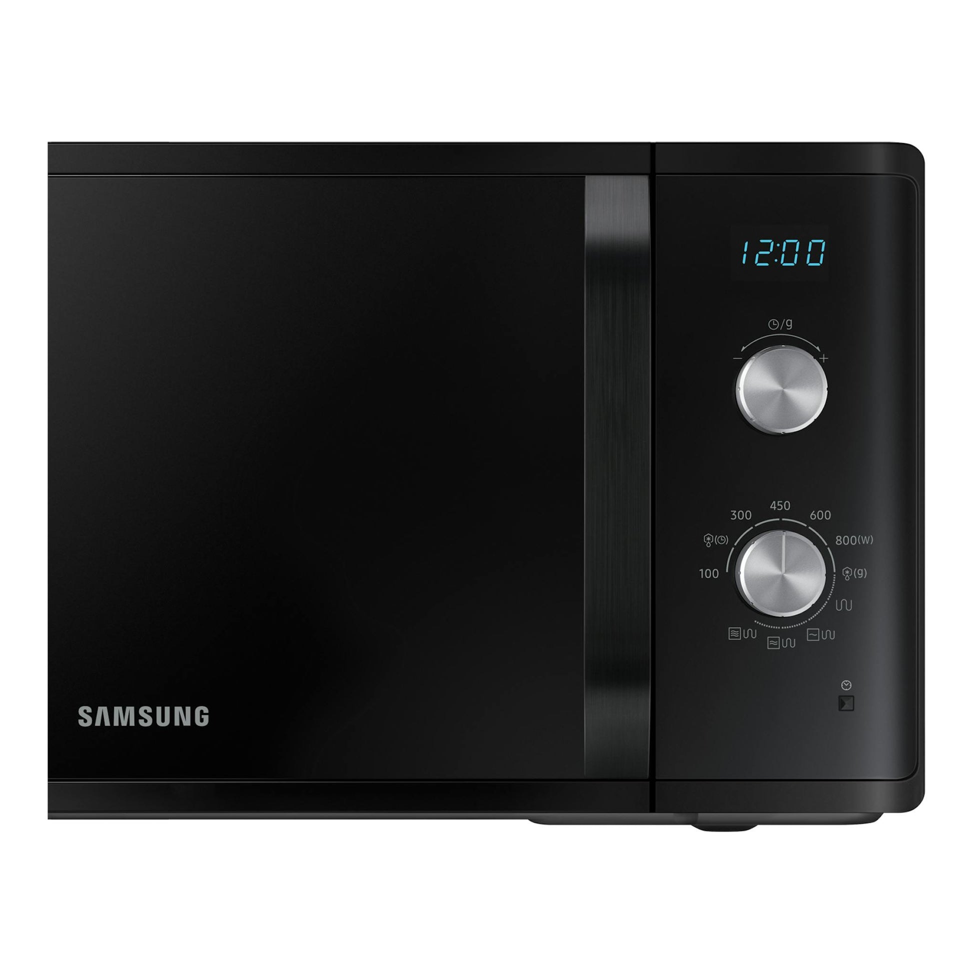 Microondas Samsung MG23K3614AK/E1 negro, vista frontal, con display digital y dos mandos.