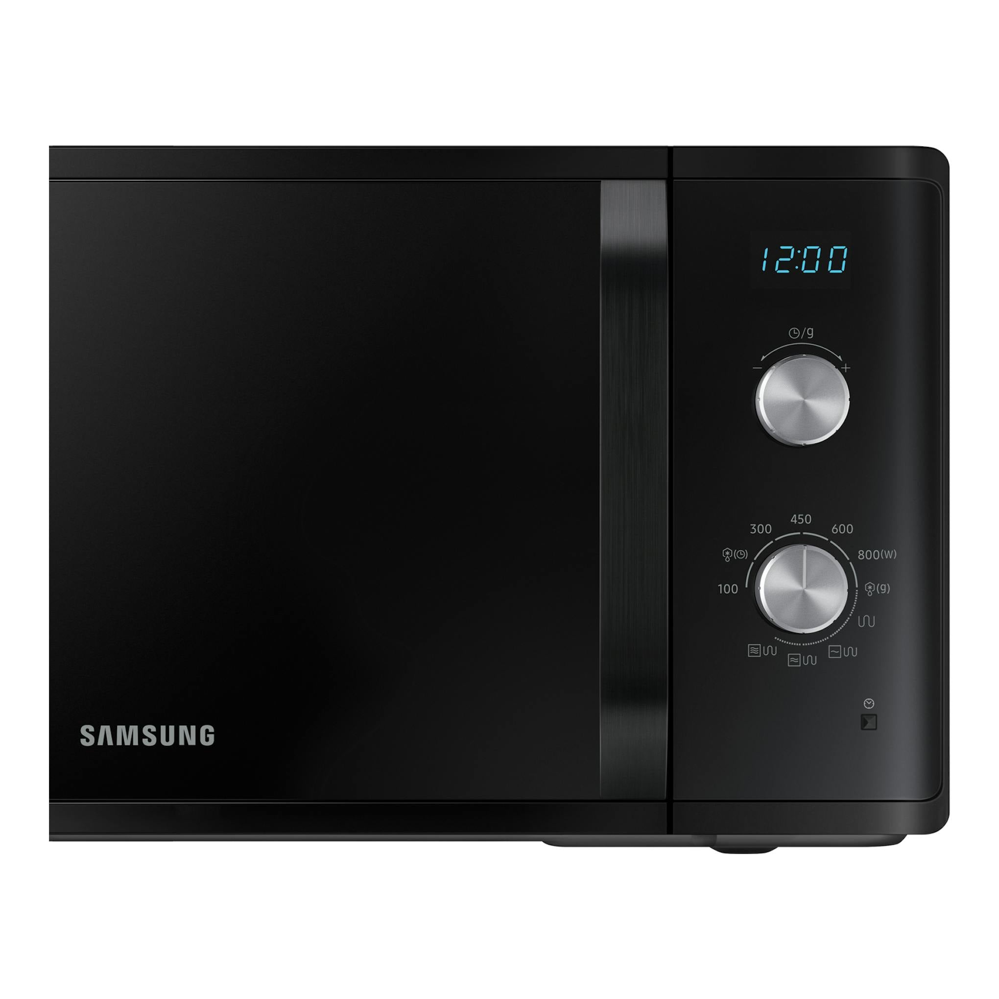 Microondas Samsung MG23K3614AK/E1 negro, vista frontal, con display digital y dos mandos.