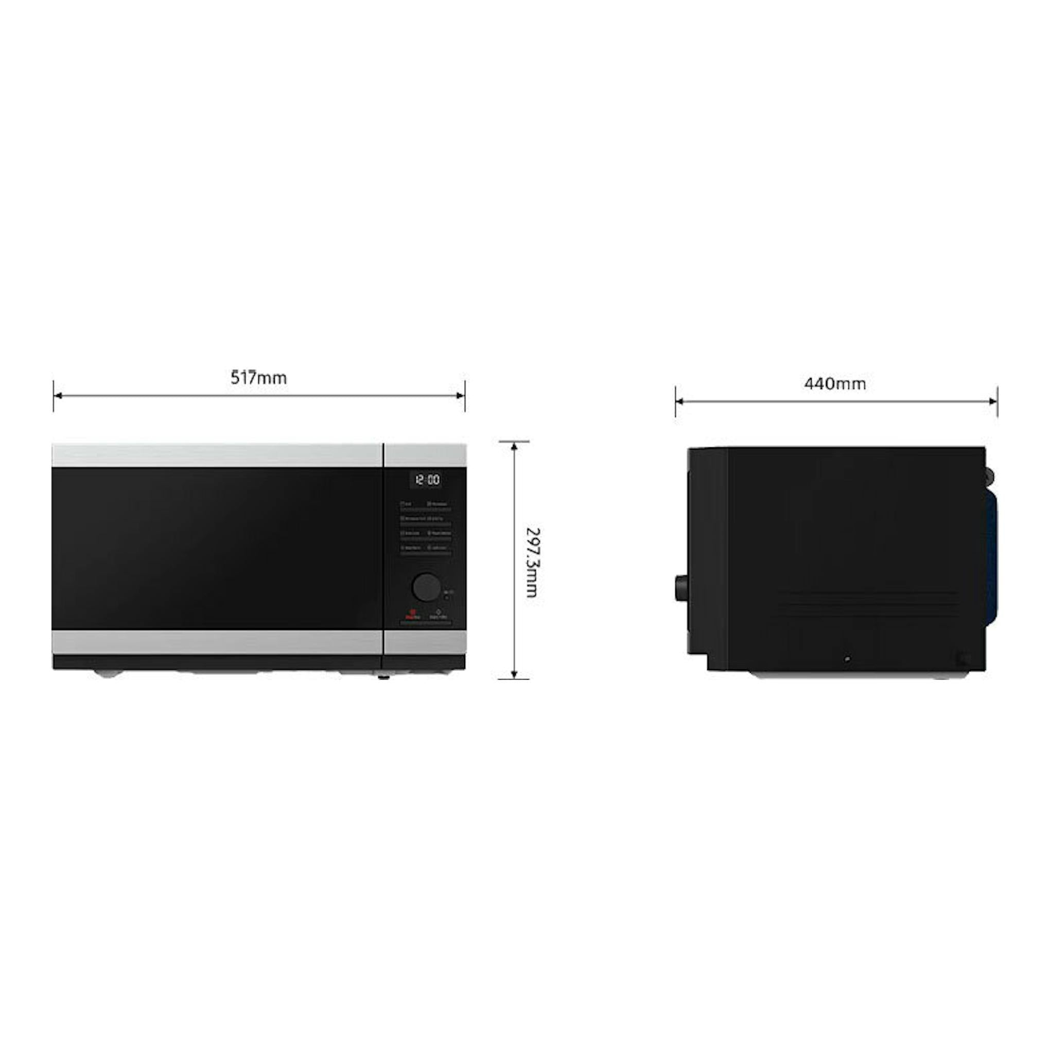 Microondas Samsung MG32DG4524CTE1 negro, vista frontal y lateral, con medidas 517 x 297,3 x 440 mm.