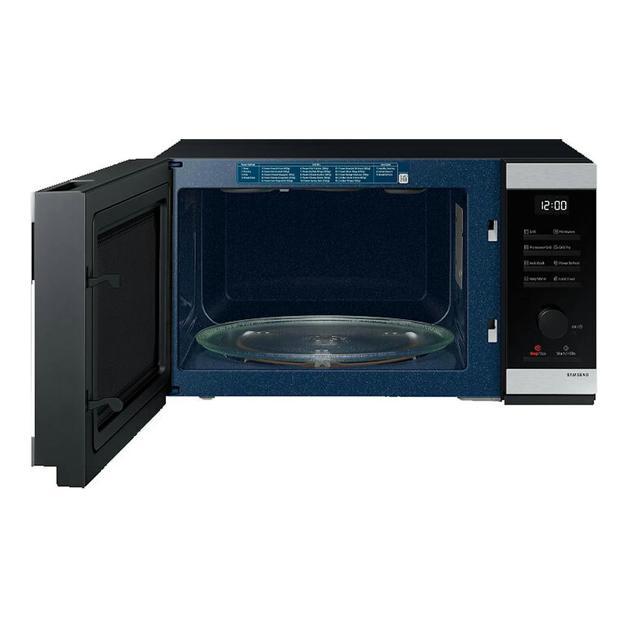 Microondas Samsung MG32DG4524CTE1 negro, vista frontal con puerta abierta e interior azul.