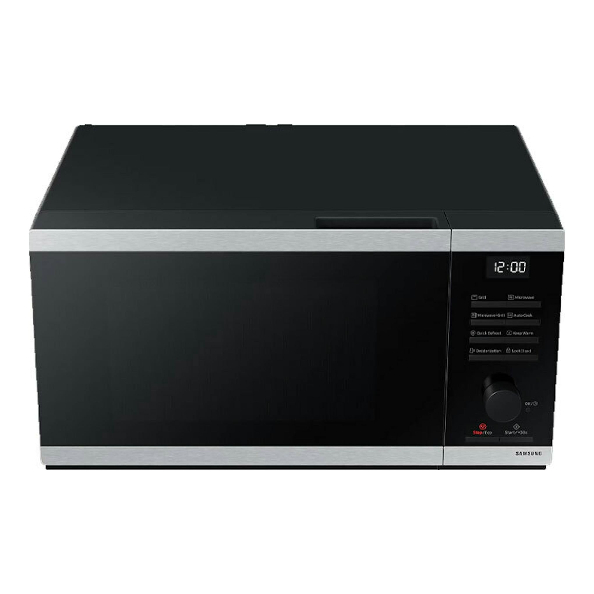 Microondas Samsung MG32DG4524CTE1 negro, vista frontal, con panel de control digital a la derecha.