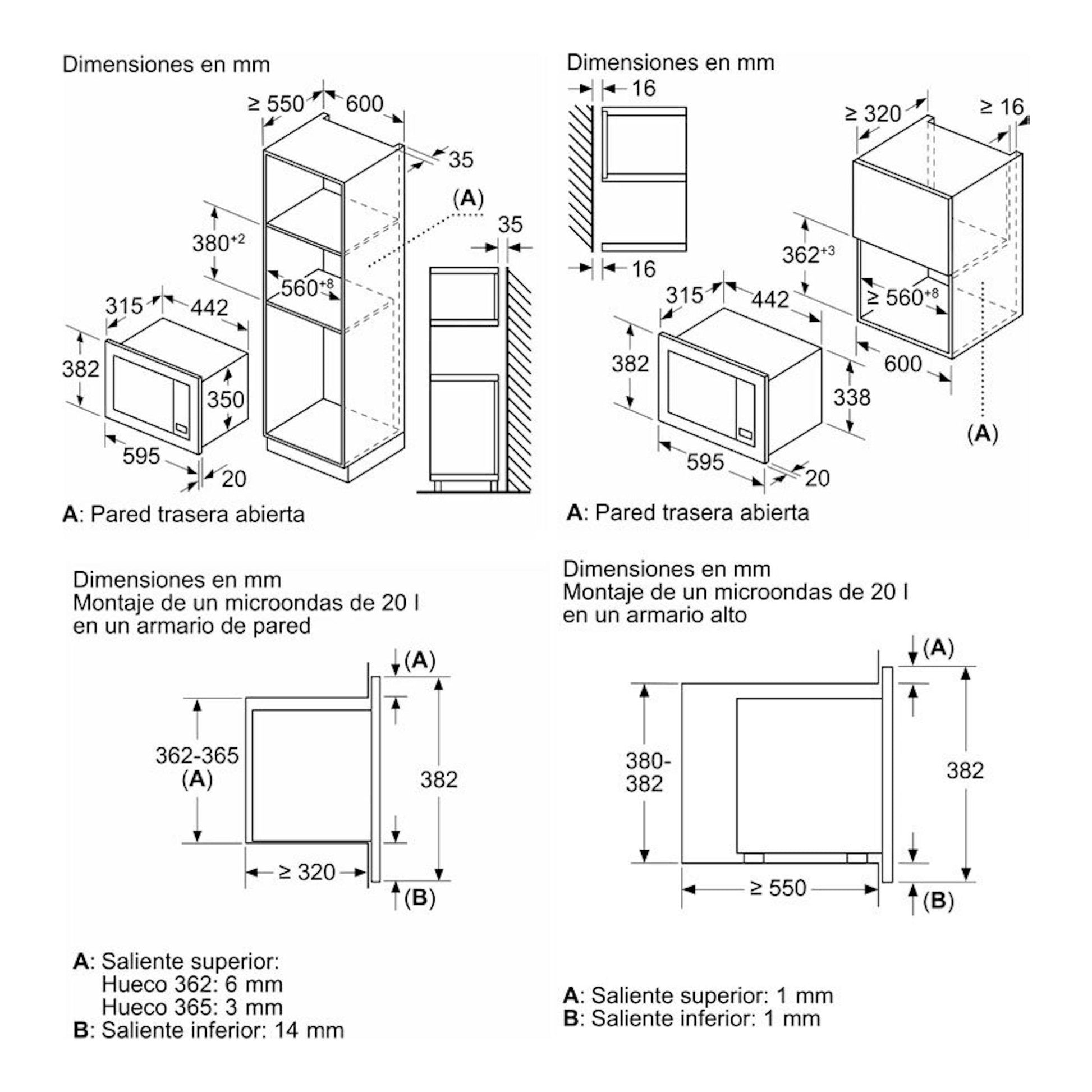 Diagrama técnico de instalación del microondas Siemens BE623LMB3 negro, con vistas y dimensiones en mm.