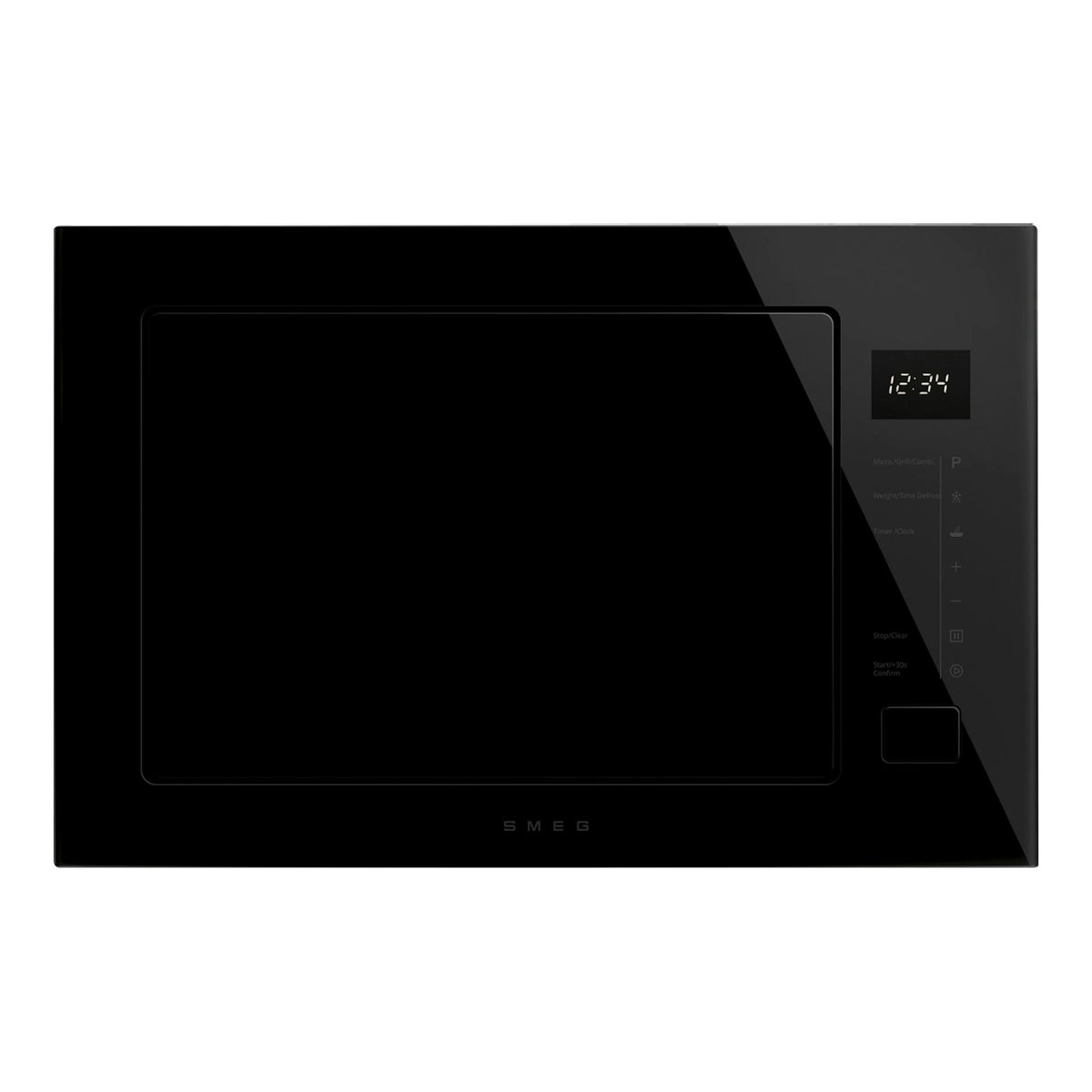 Microondas integrable Smeg FMI225BI negro, vista frontal, con display digital y panel táctil.