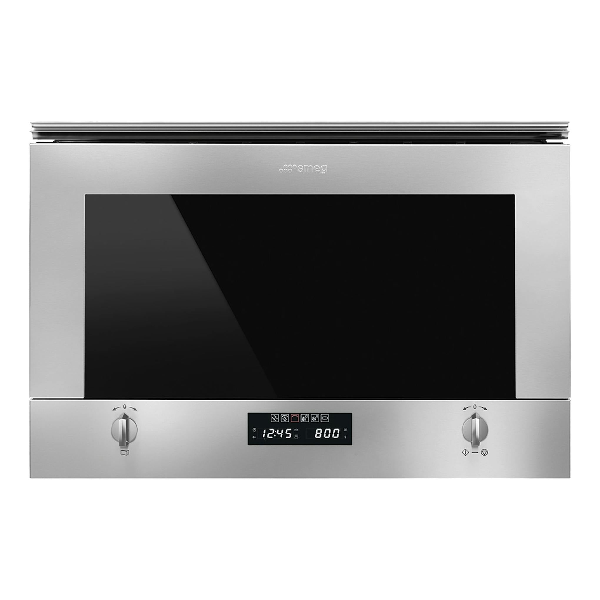 Microondas integrable Smeg MP422X1 en inox, vista frontal, con grill, puerta negra y mandos plateados.