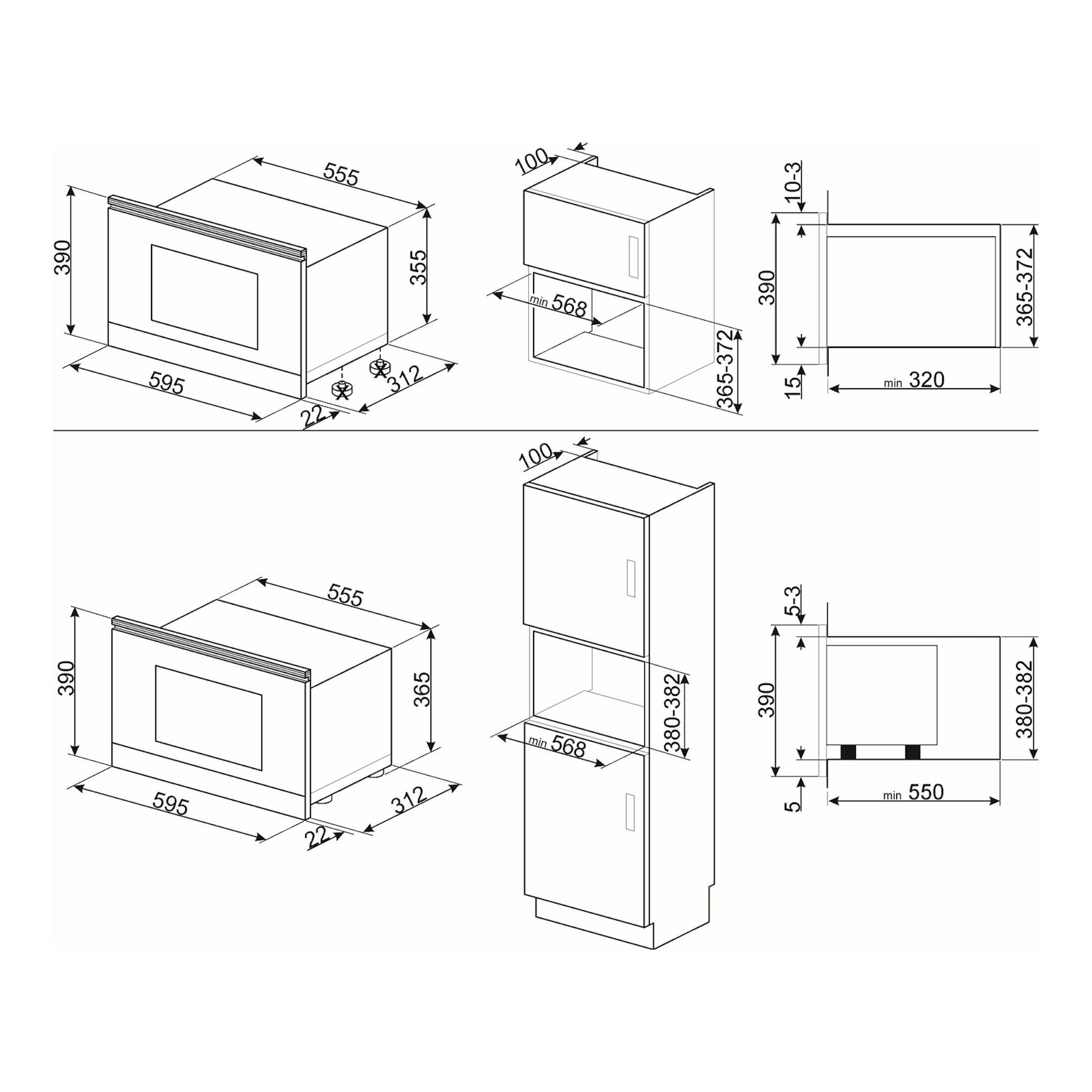 Esquema técnico del microondas integrado Smeg MP422X1 en inox, con vistas frontal y lateral y medidas.